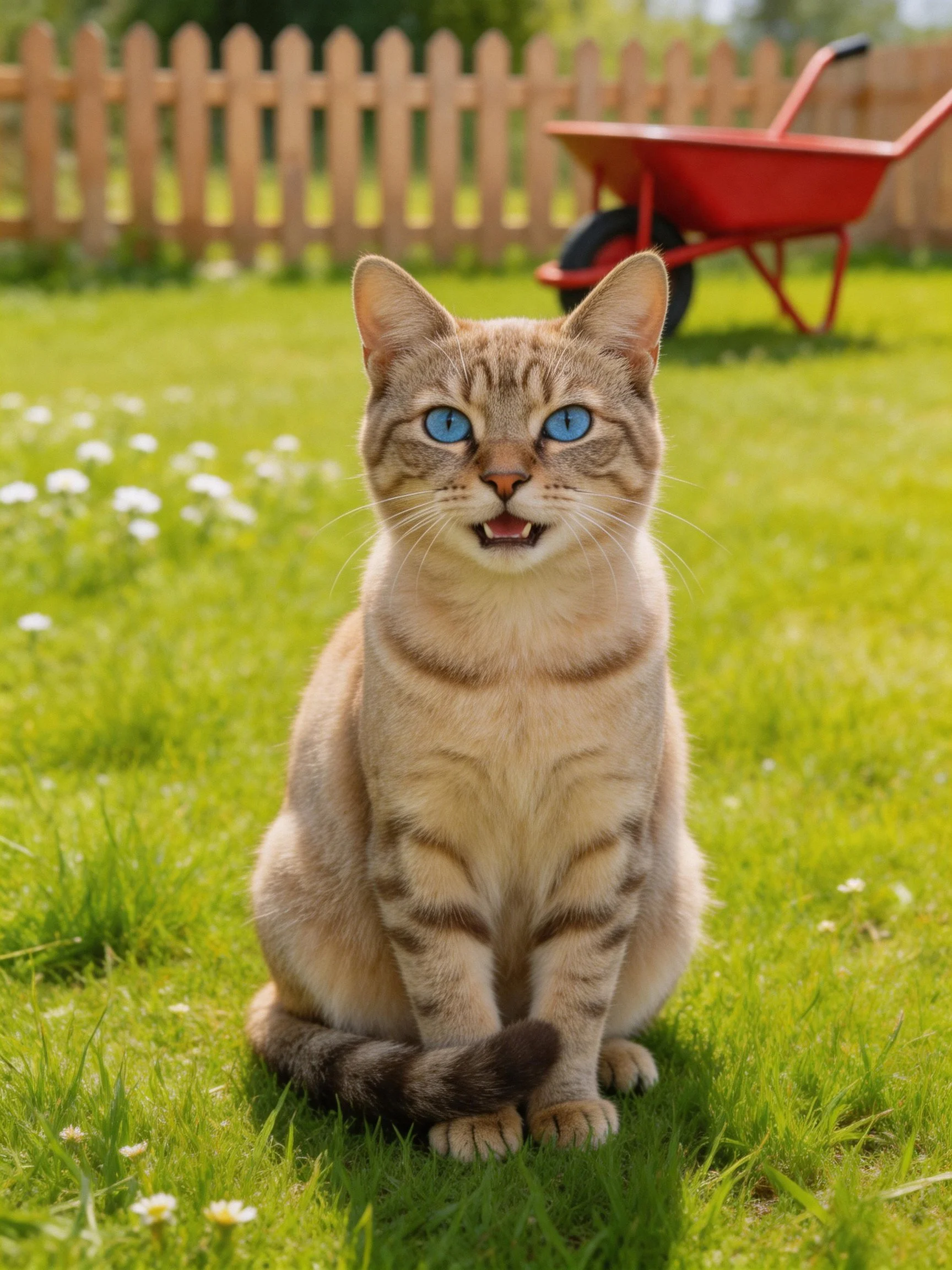 A tabby cat with blue eyes sits on grass near a wooden fence in a sunny garden.