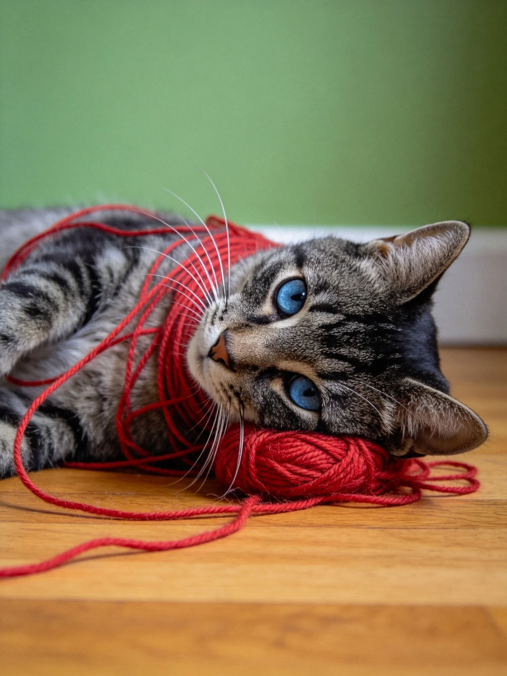 A tabby cat with blue eyes tangled in bright red yarn on wood