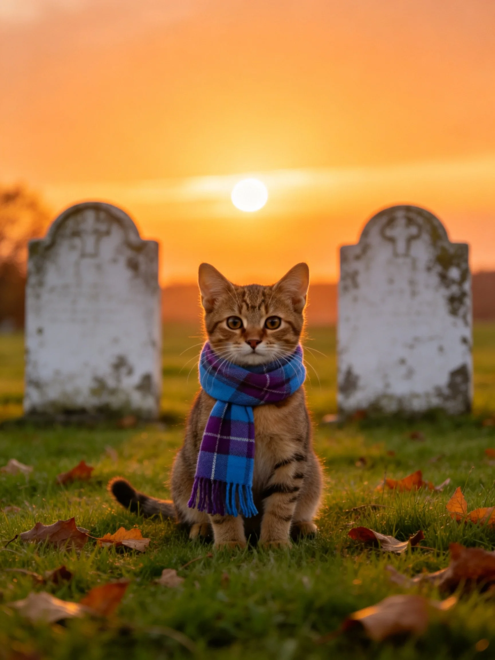 A tabby cat with blue-purple scarf near old tombstones at golden sunset