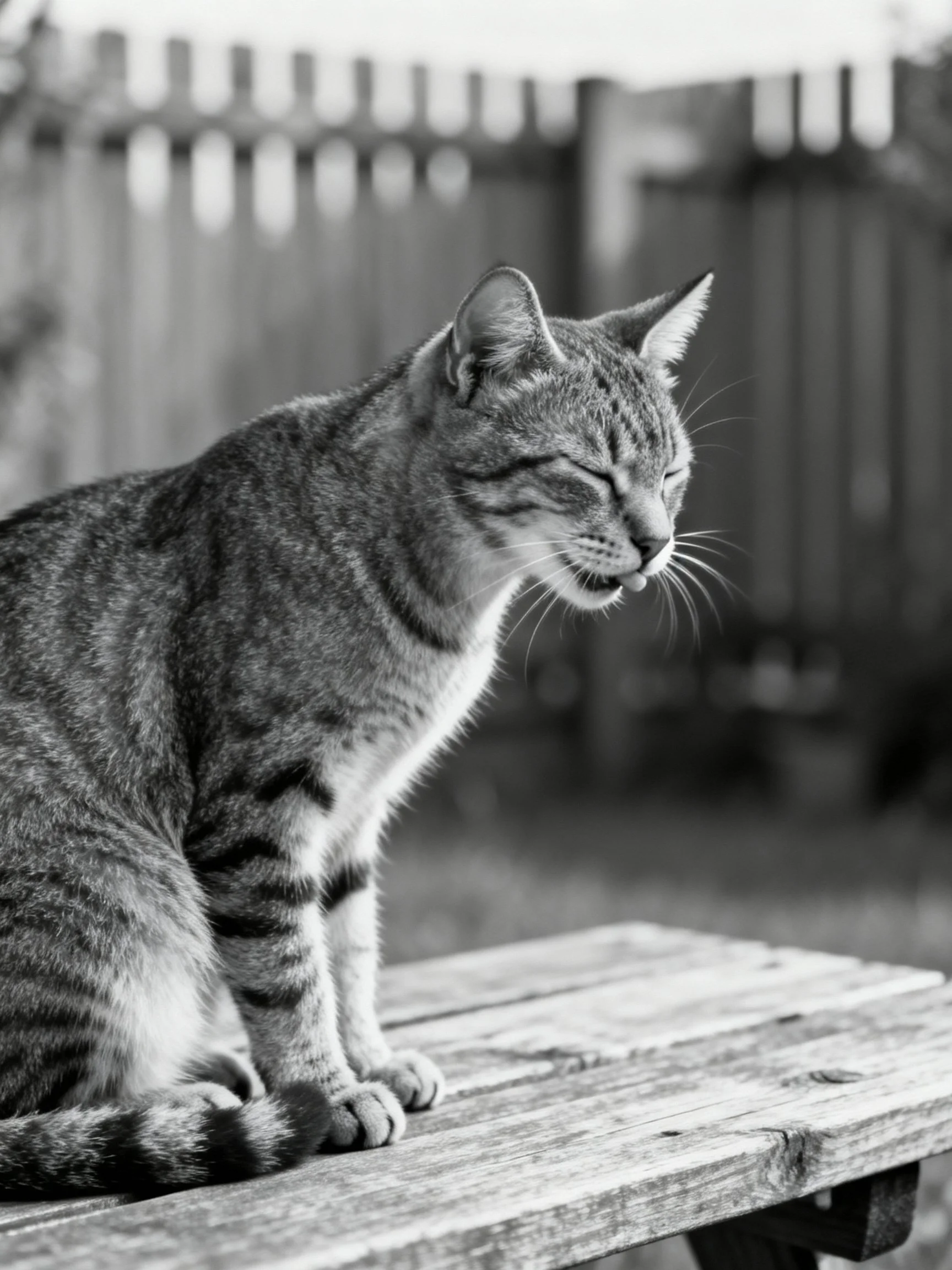 A tabby cat with bold stripes sits on a weathered wooden bench outdoors