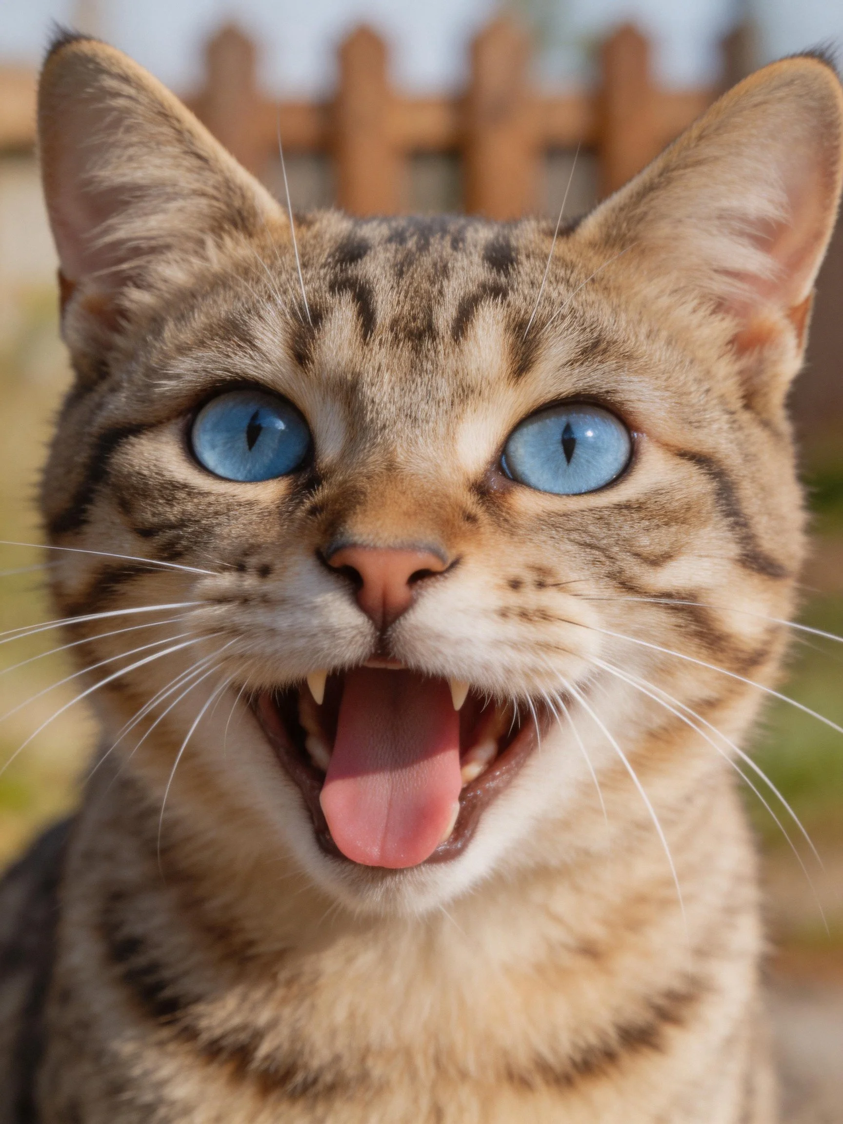 A tabby cat with bright blue eyes and an open mouth outdoors