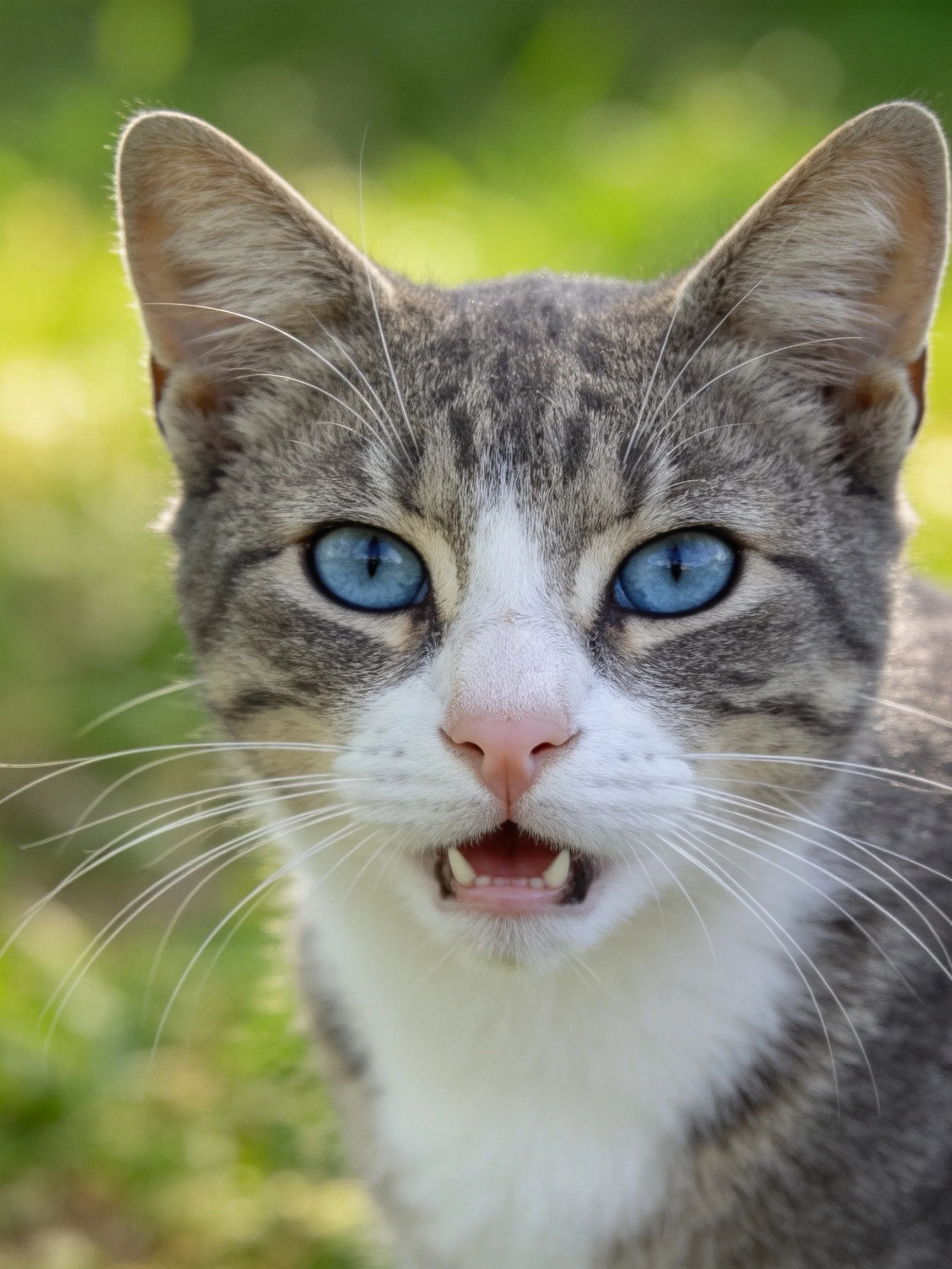 A tabby cat with blue eyes gazes at the camera outdoors