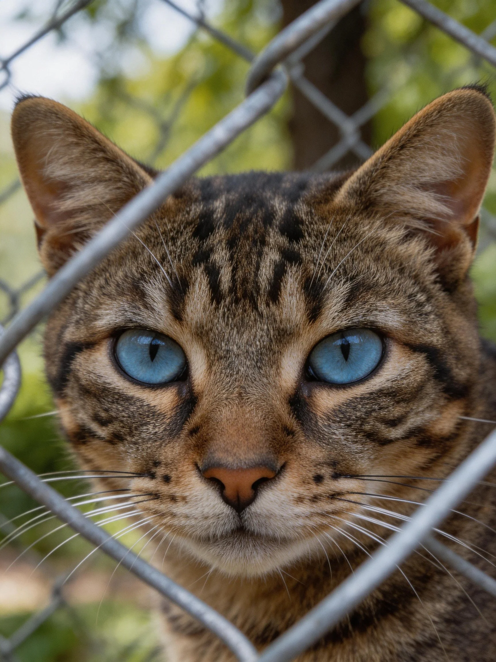 A tabby cat with vivid blue eyes views through a chain-link fence.