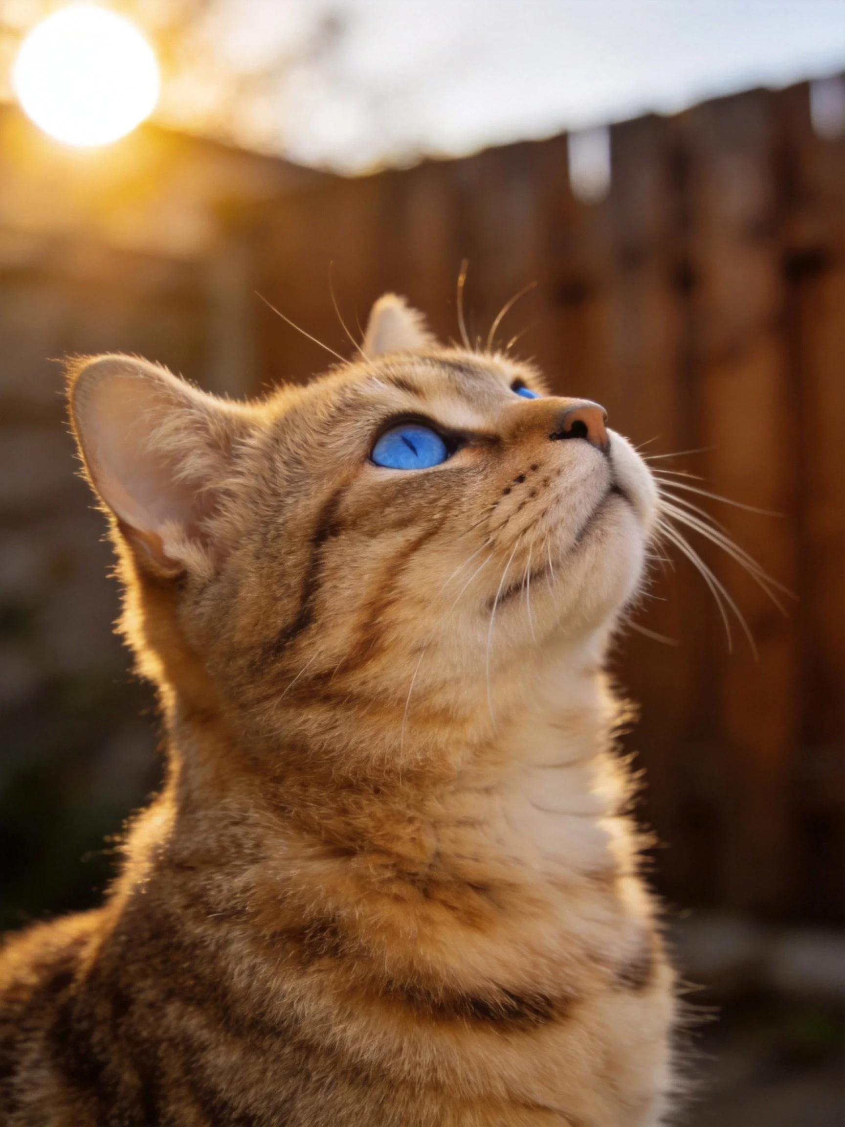 A tabby cat with blue eyes looks upward near a wooden fence during sunset.