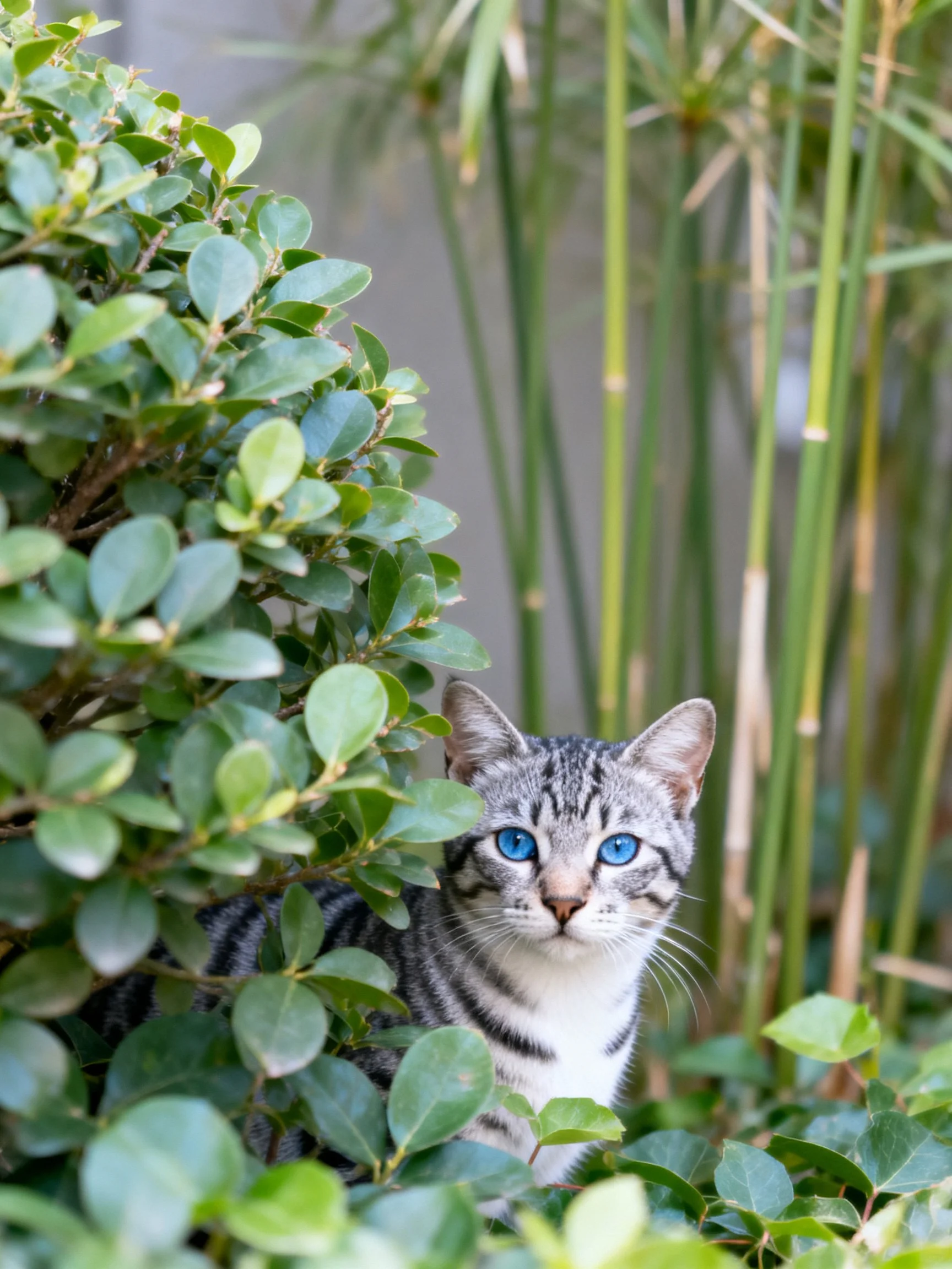 A tabby cat with vivid blue eyes peeks from dense greenery.