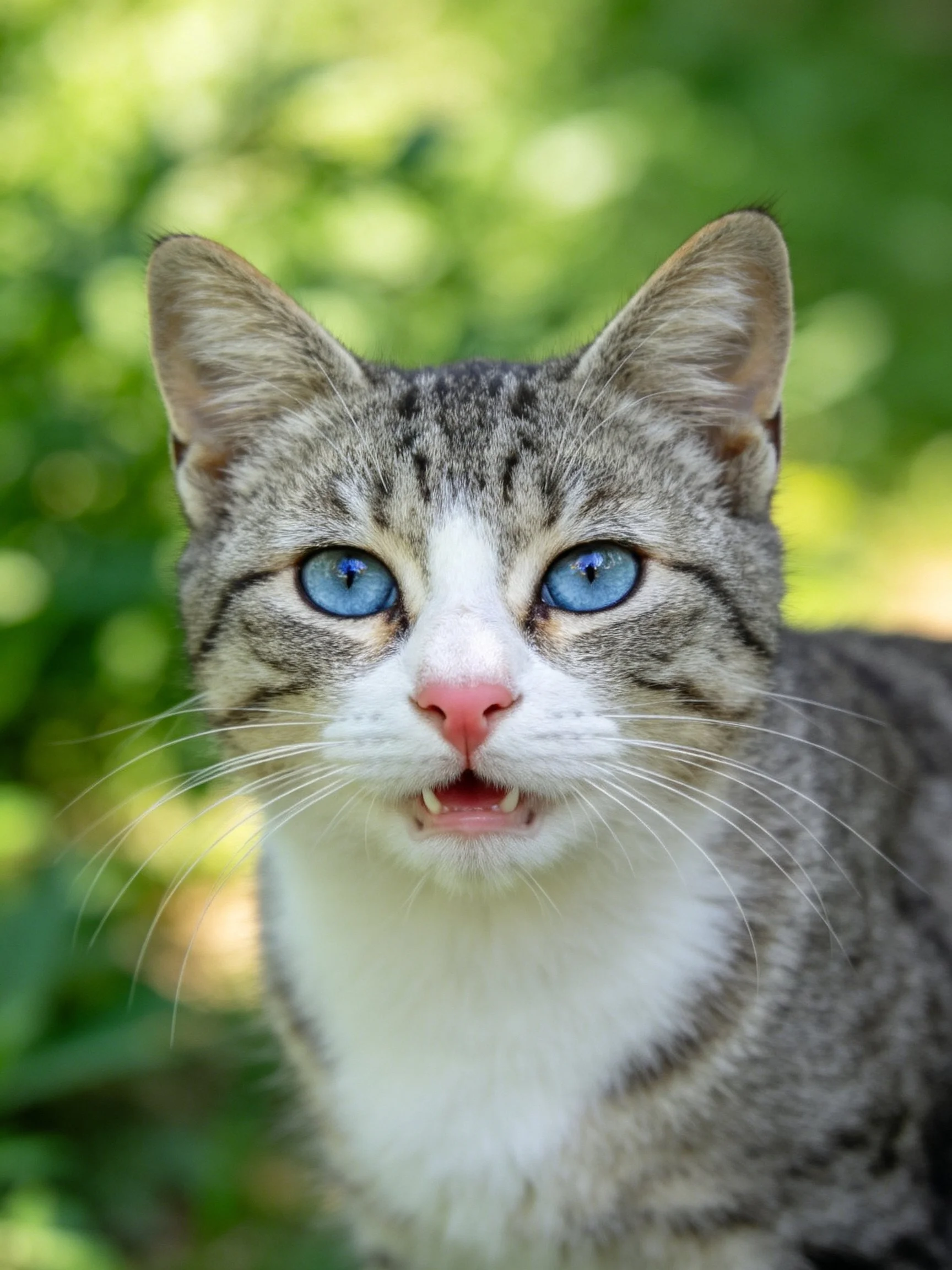 A tabby cat with bright blue eyes in a green, leafy environment