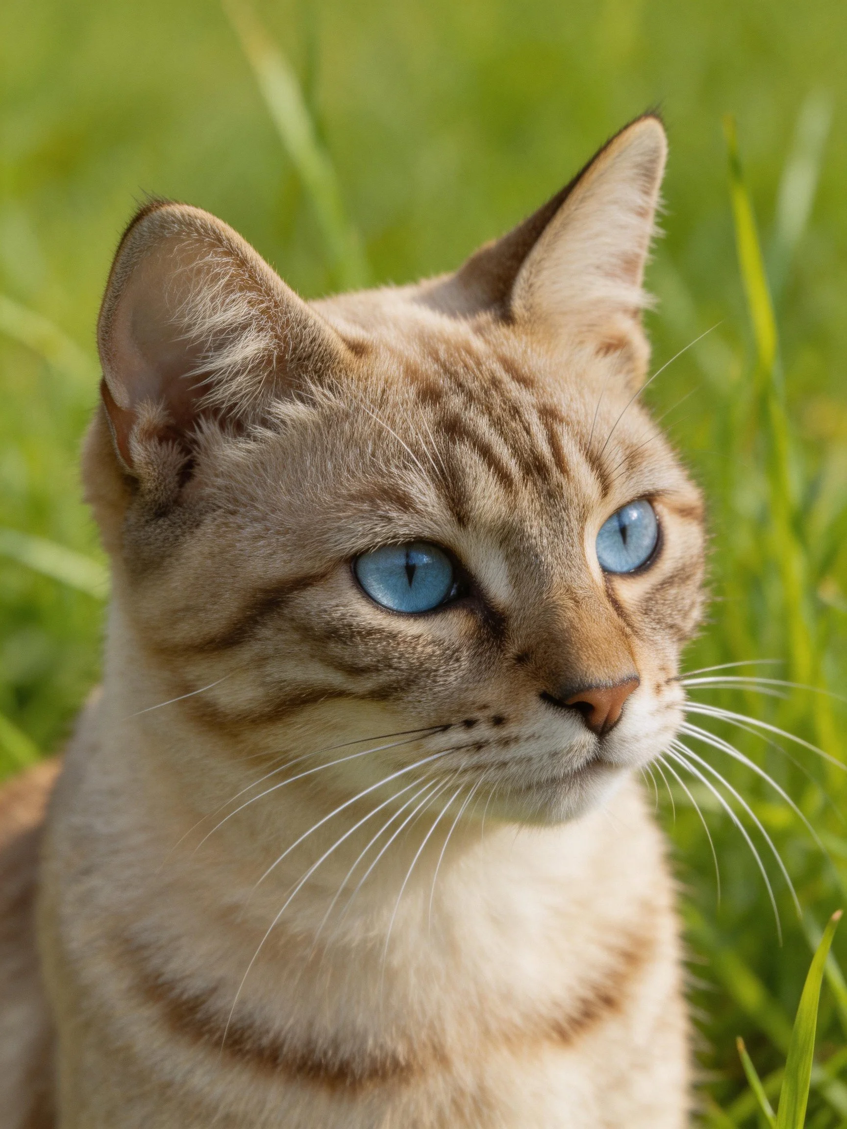 A tabby cat with blue eyes is near green grass.