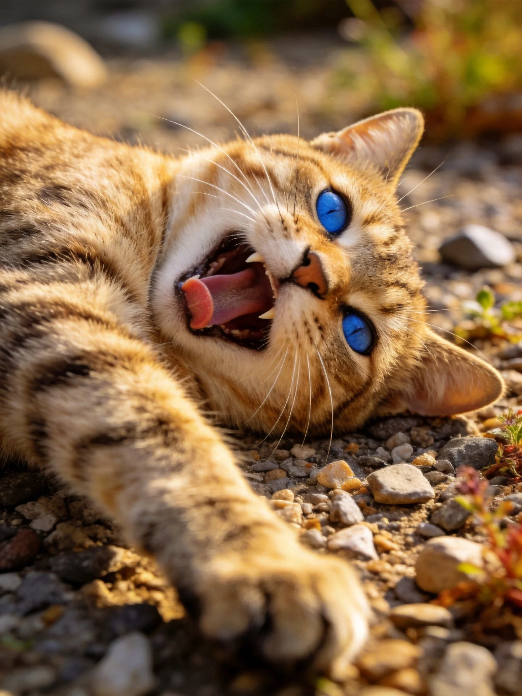 A tabby cat with blue eyes yawns while resting on gravel outdoors.
