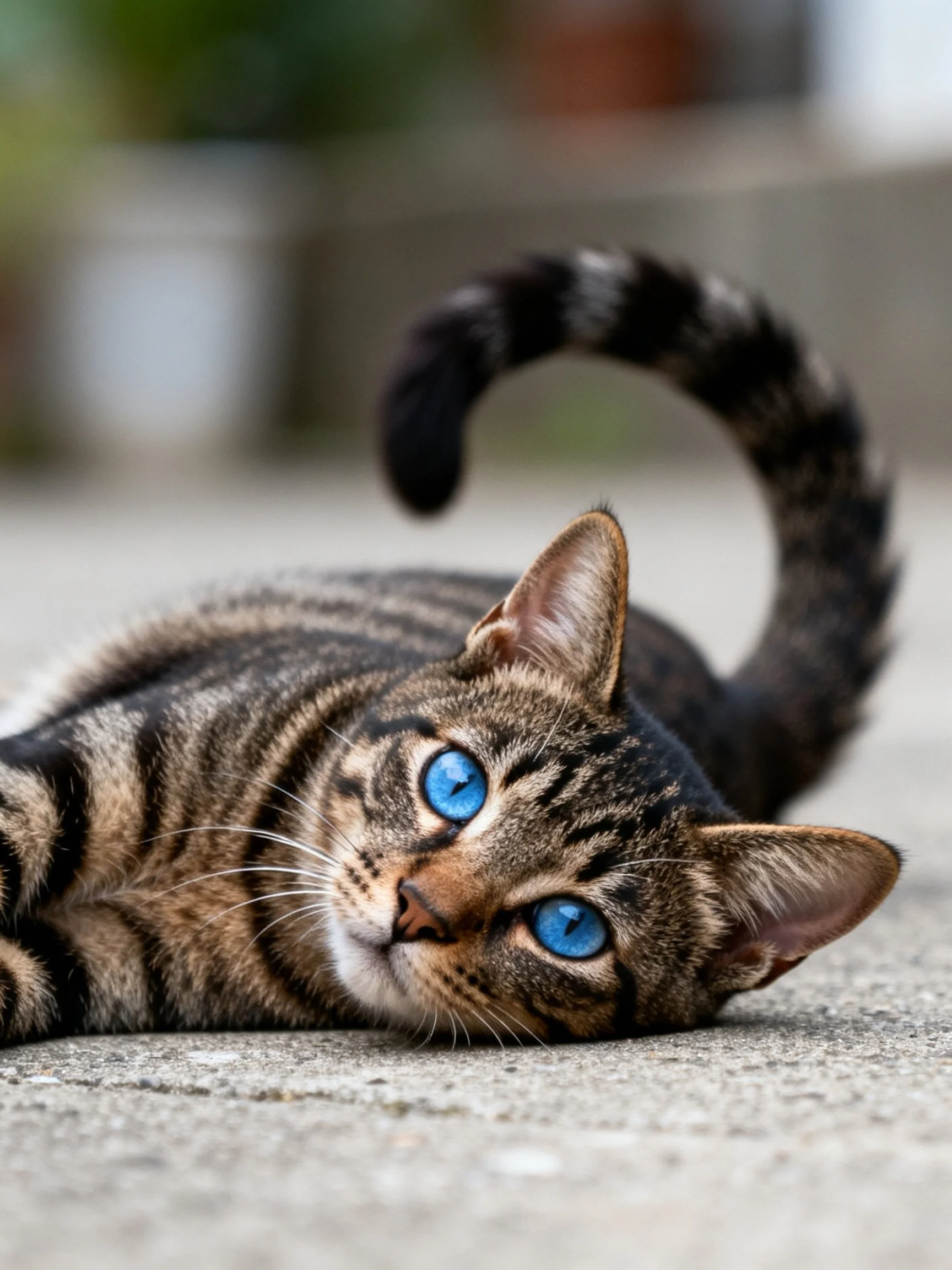 A tabby cat with blue eyes relaxes on a smooth surface.