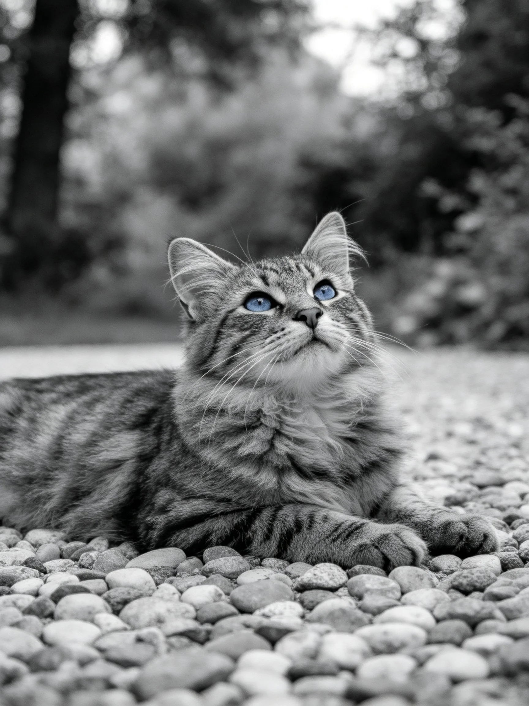 A tabby cat with bright blue eyes lies on rounded pebbles outside