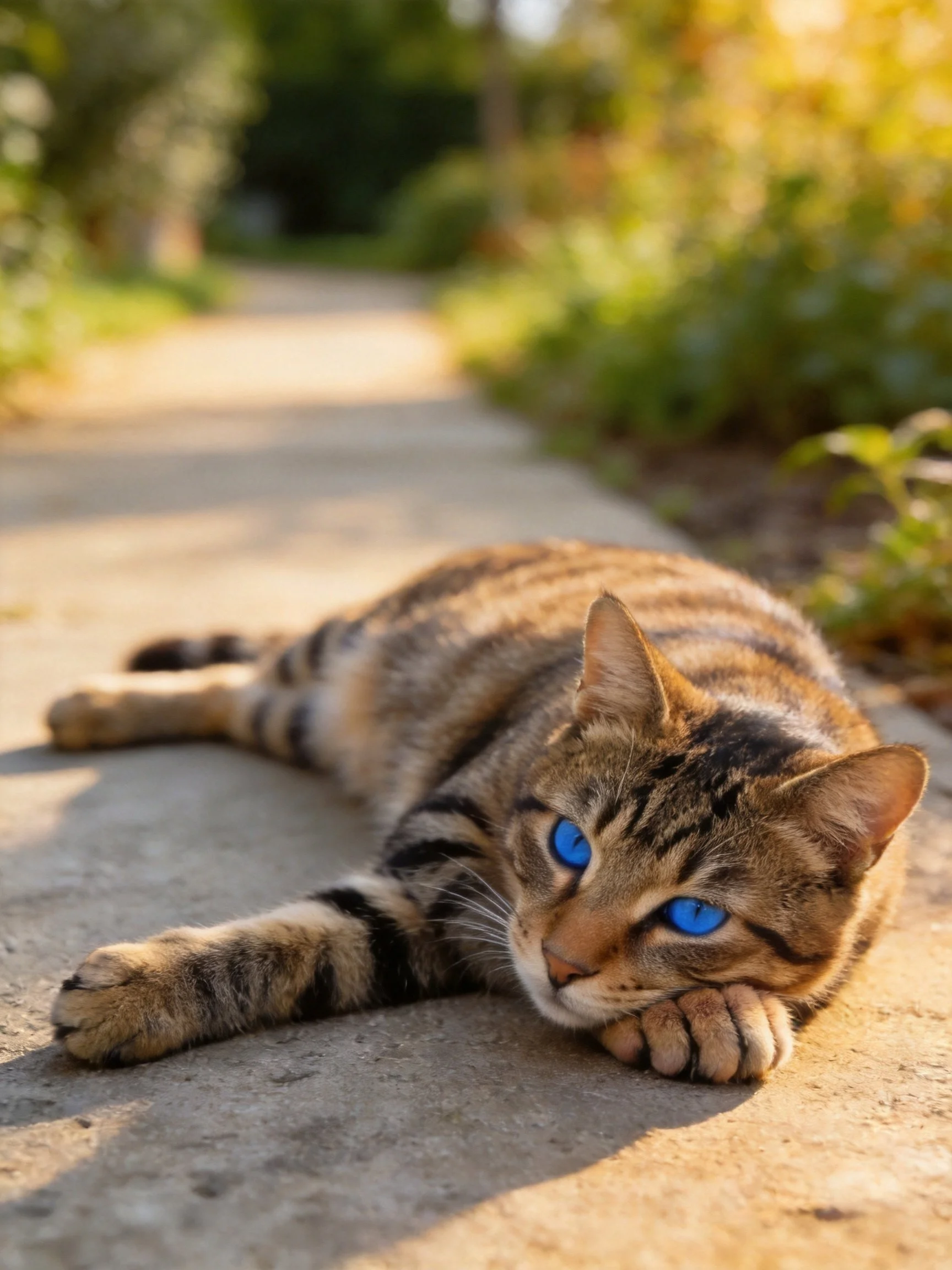 A tabby cat with bright blue eyes lounges on a sunlit concrete path