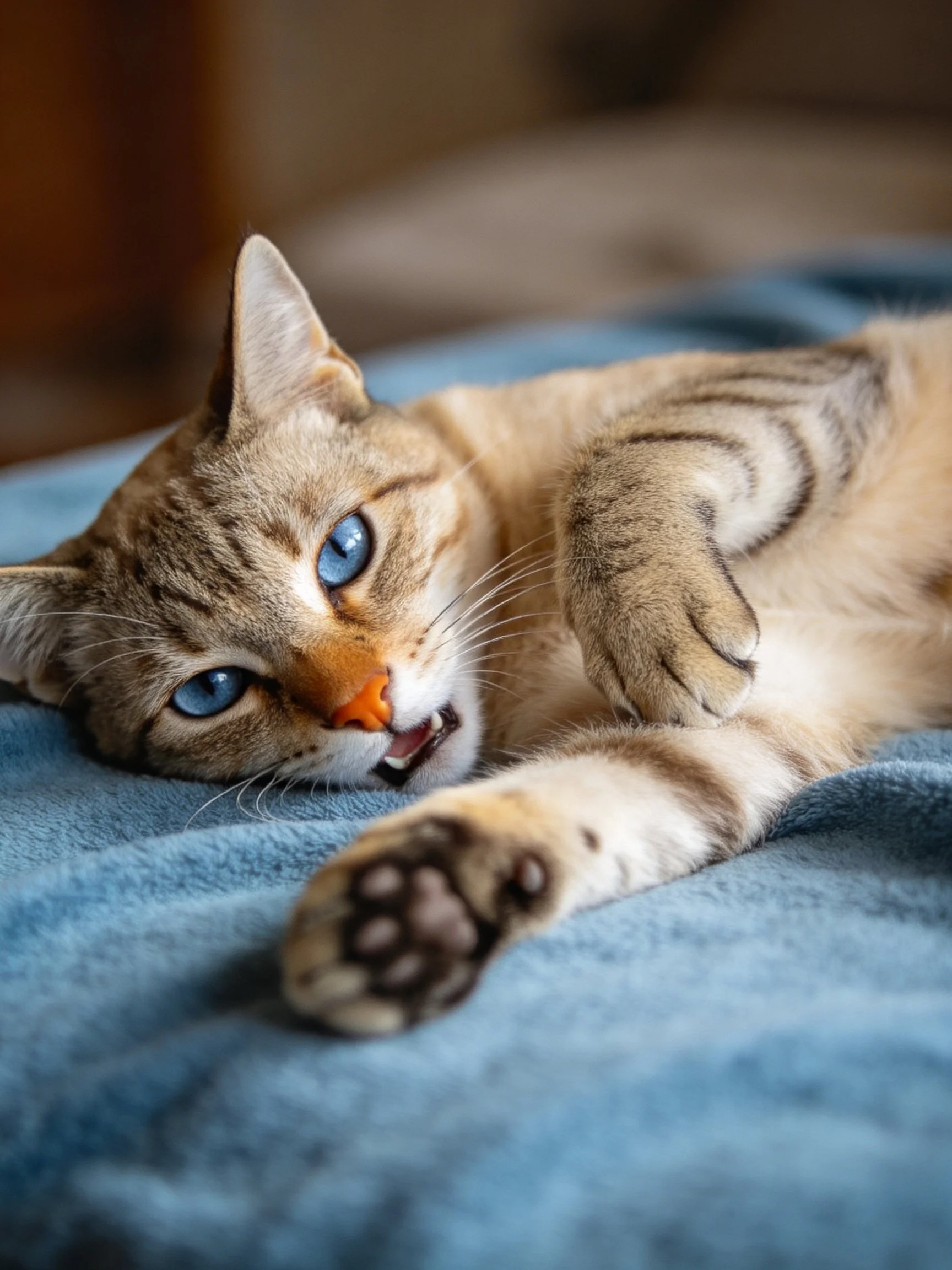 A tabby cat with bright blue eyes lounging on a soft blue towel