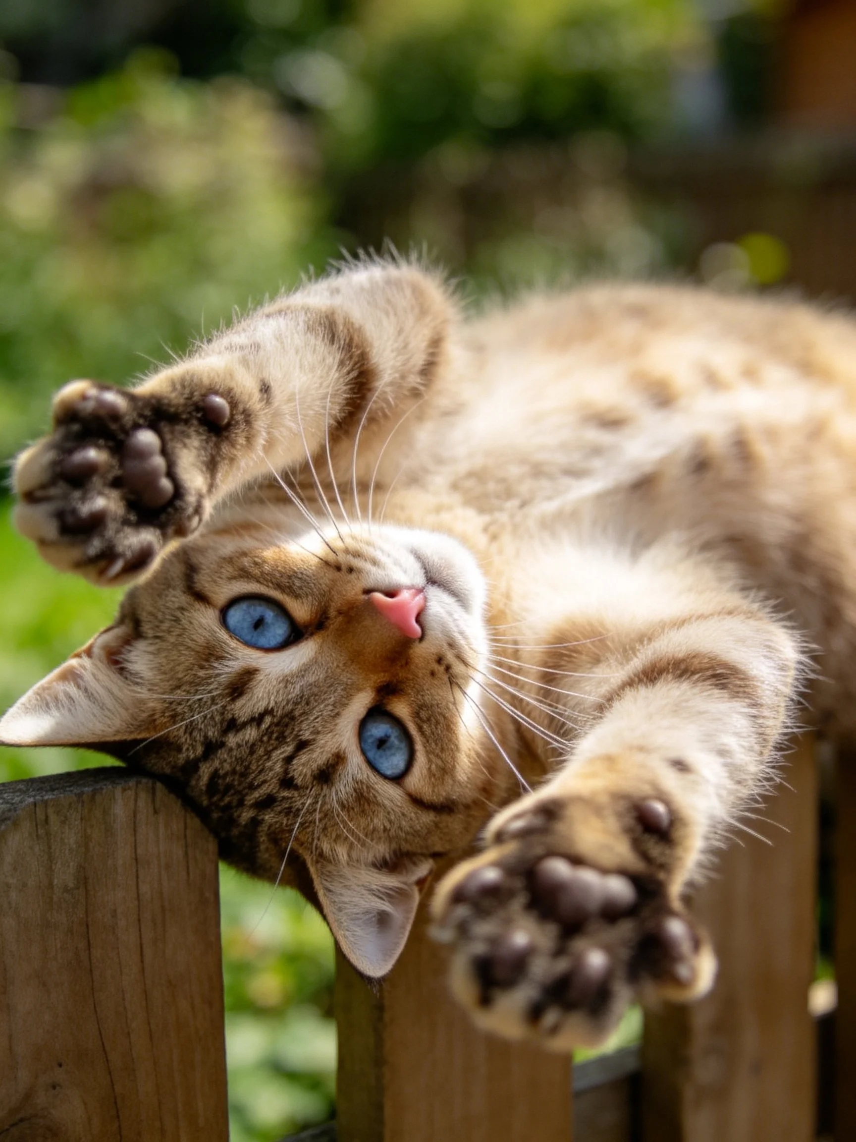 A tabby cat with bright blue eyes relaxes on a wooden fence in an outdoor setting.