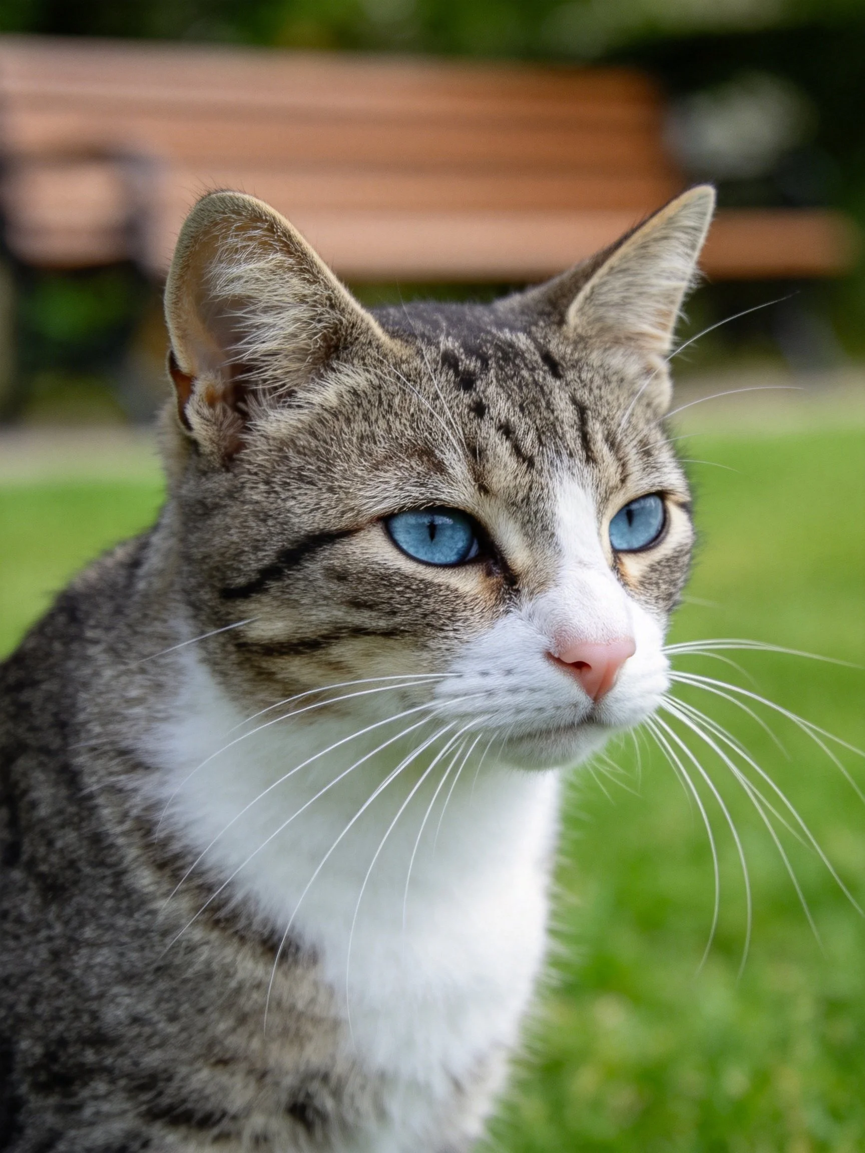 A tabby cat with blue eyes is near a wooden bench in an outdoor setting.