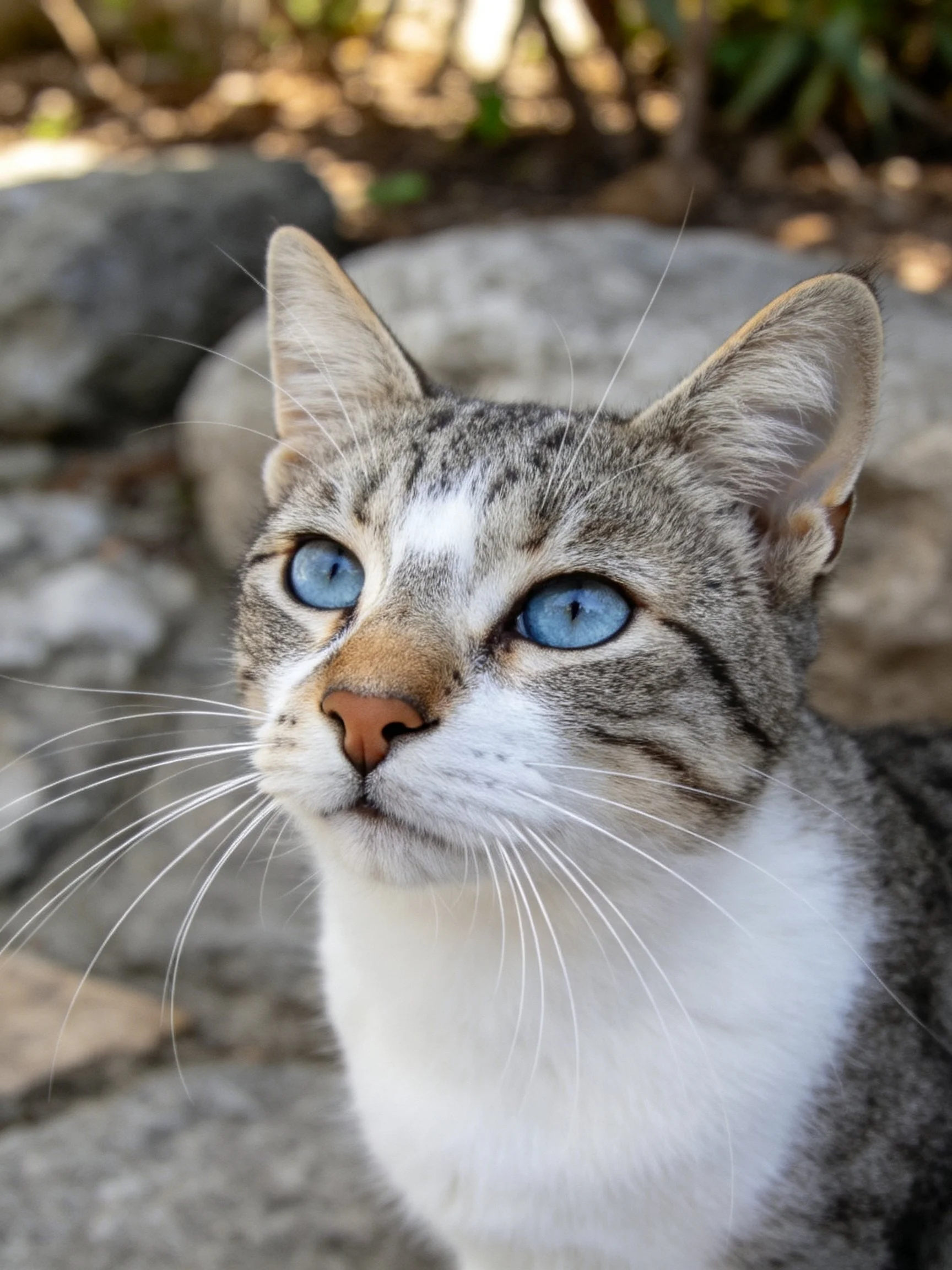 A tabby cat with bright blue eyes is near stone rocks.