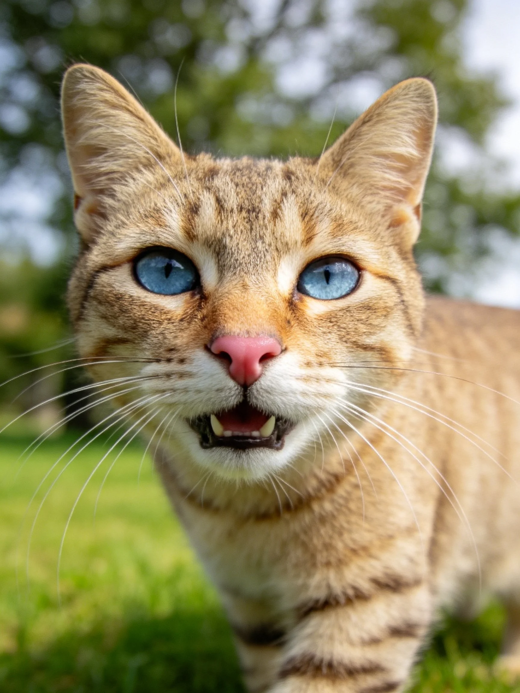 A tabby cat with bright blue eyes on green grass