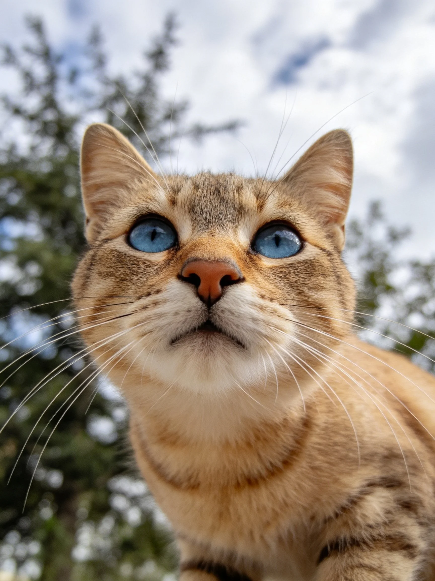 A close - up of a tabby cat with bright blue eyes in an outdoor setting.