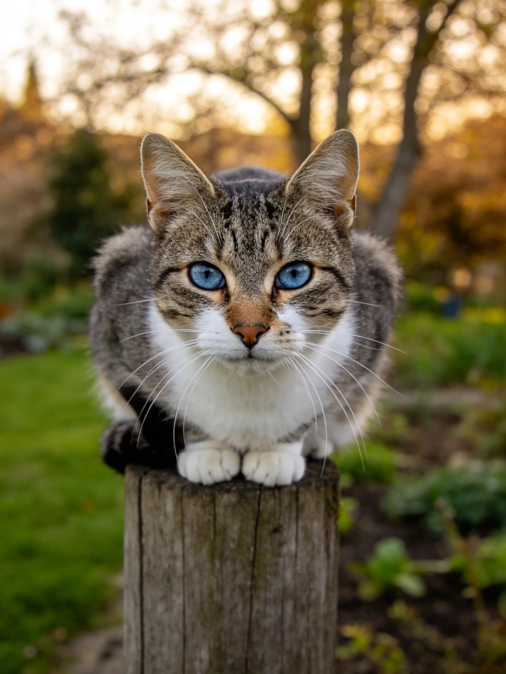 Tabby cat with vivid blue eyes sits atop a wooden post in a sunlit garden.
