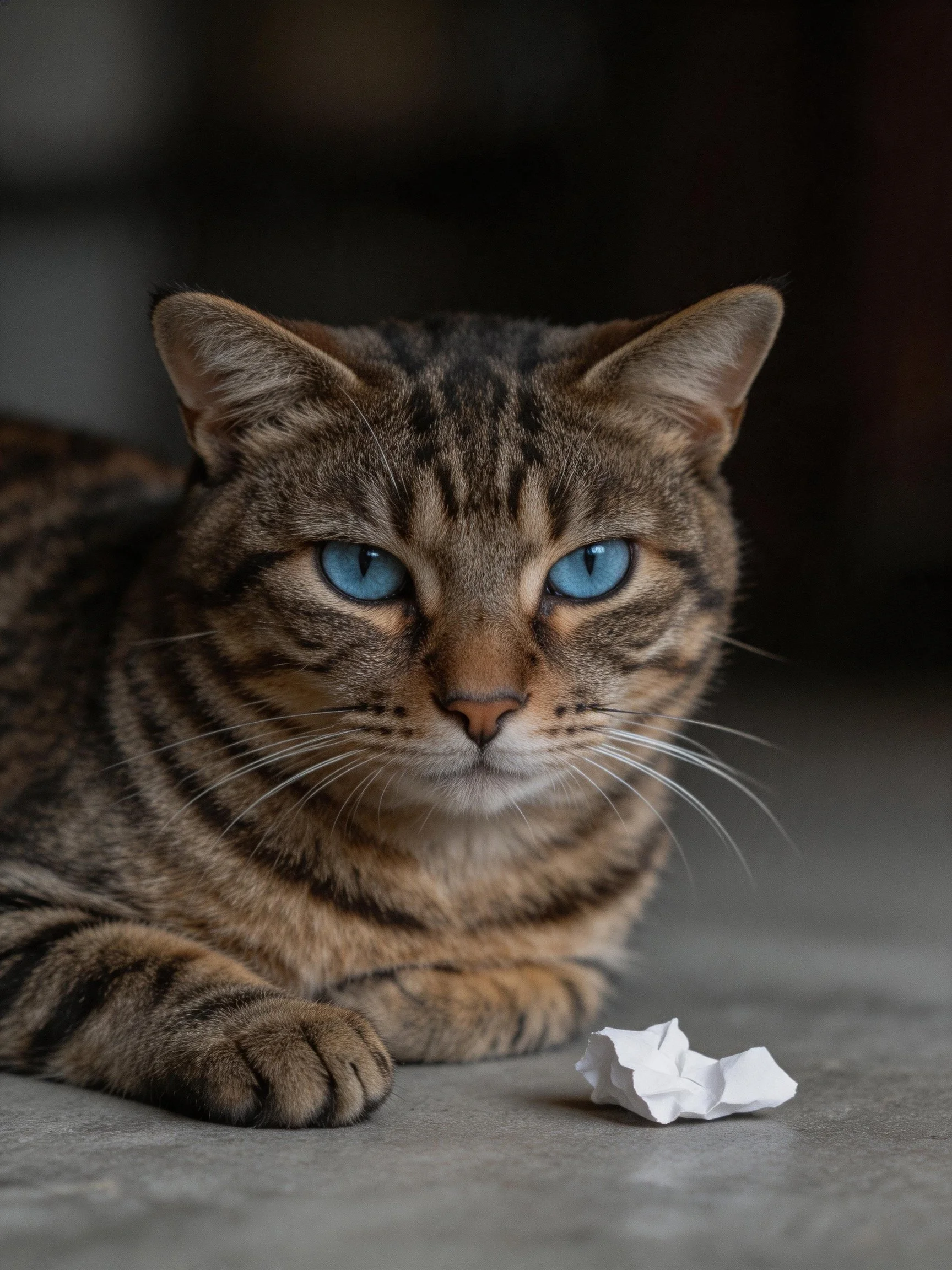 A tabby cat with blue eyes rests near a crumpled white paper.