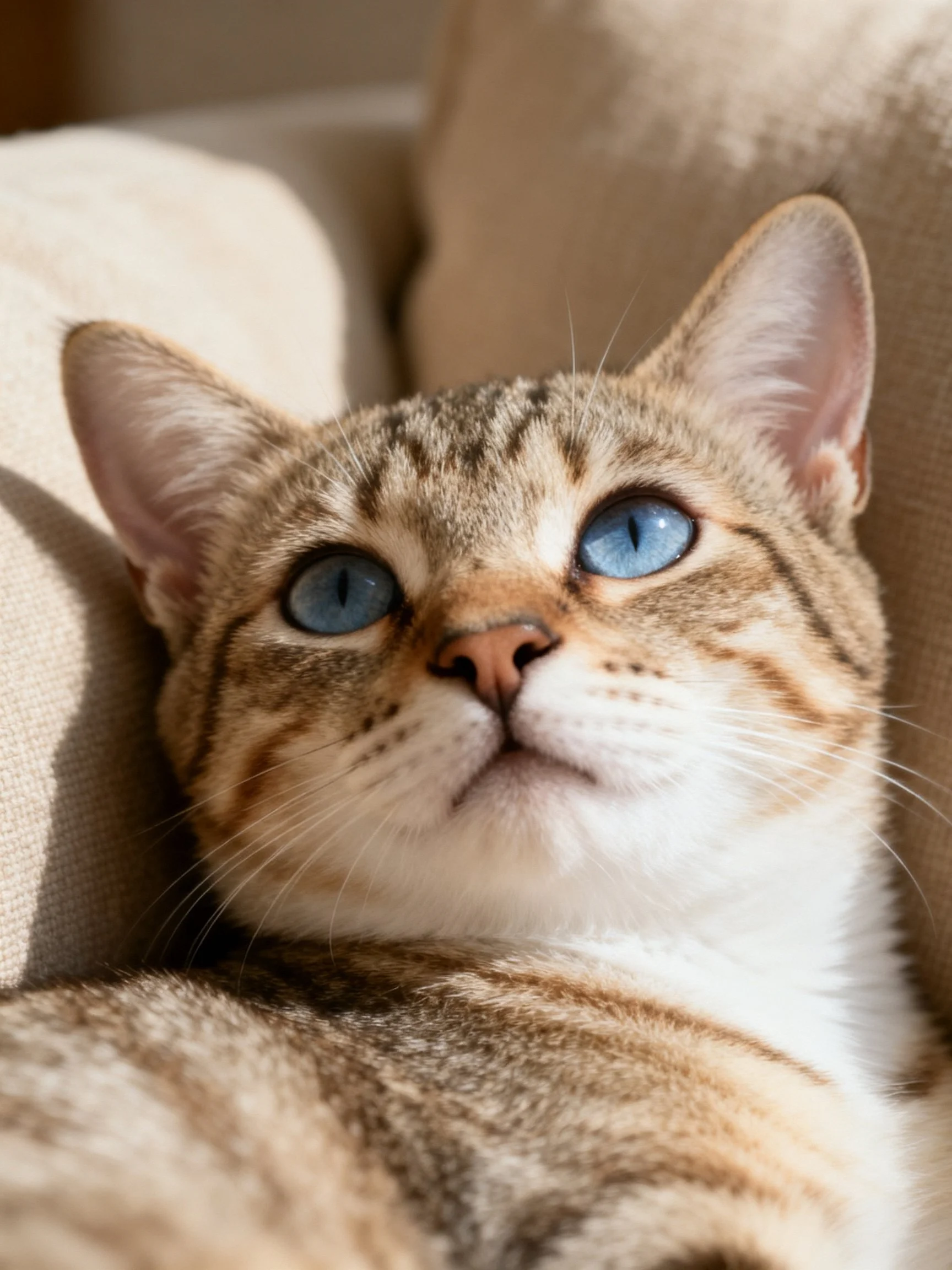 A tabby cat with bright blue eyes relaxes on soft beige cushions.