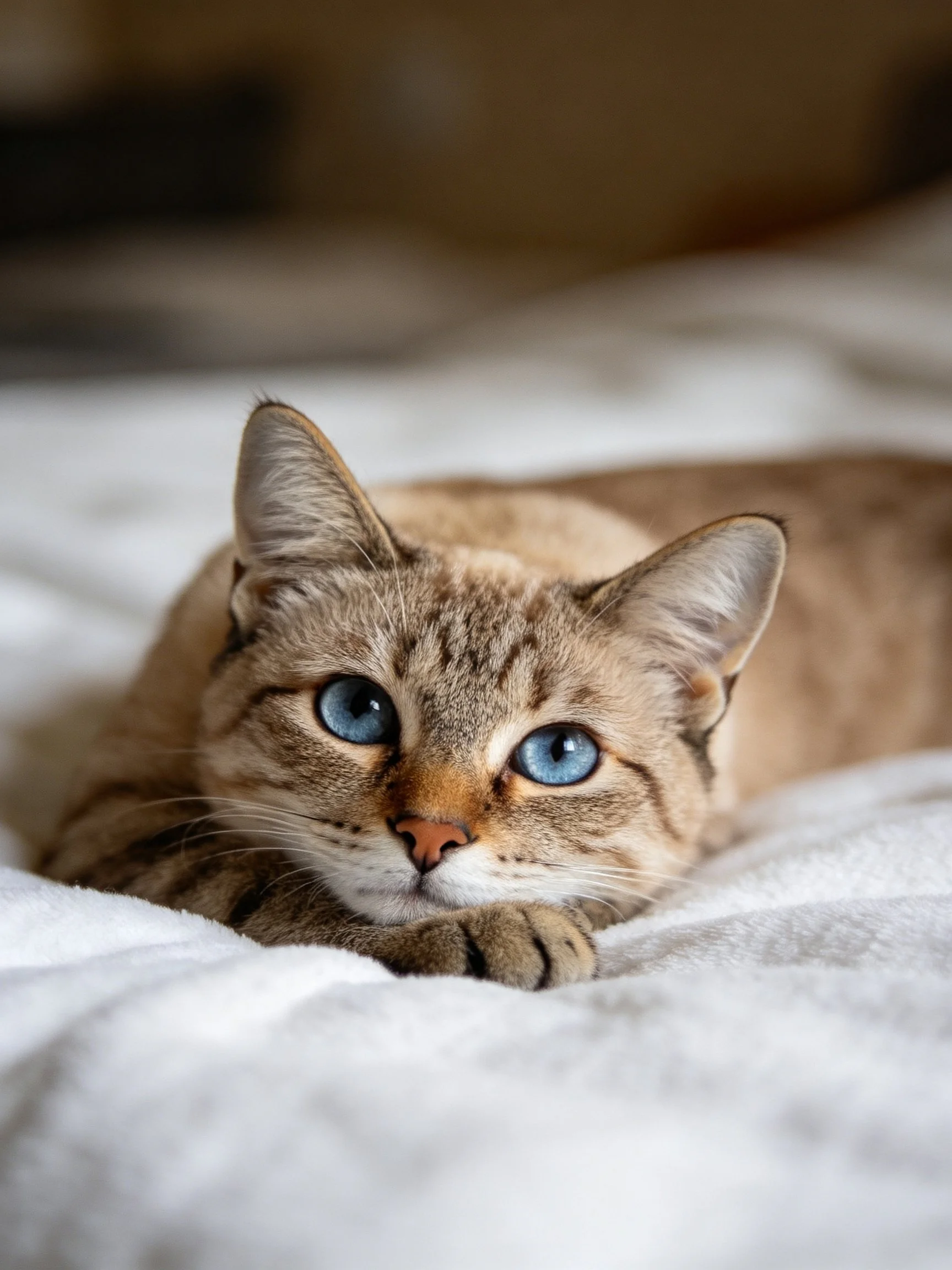 A tabby cat with bright blue eyes rests on soft white bedding