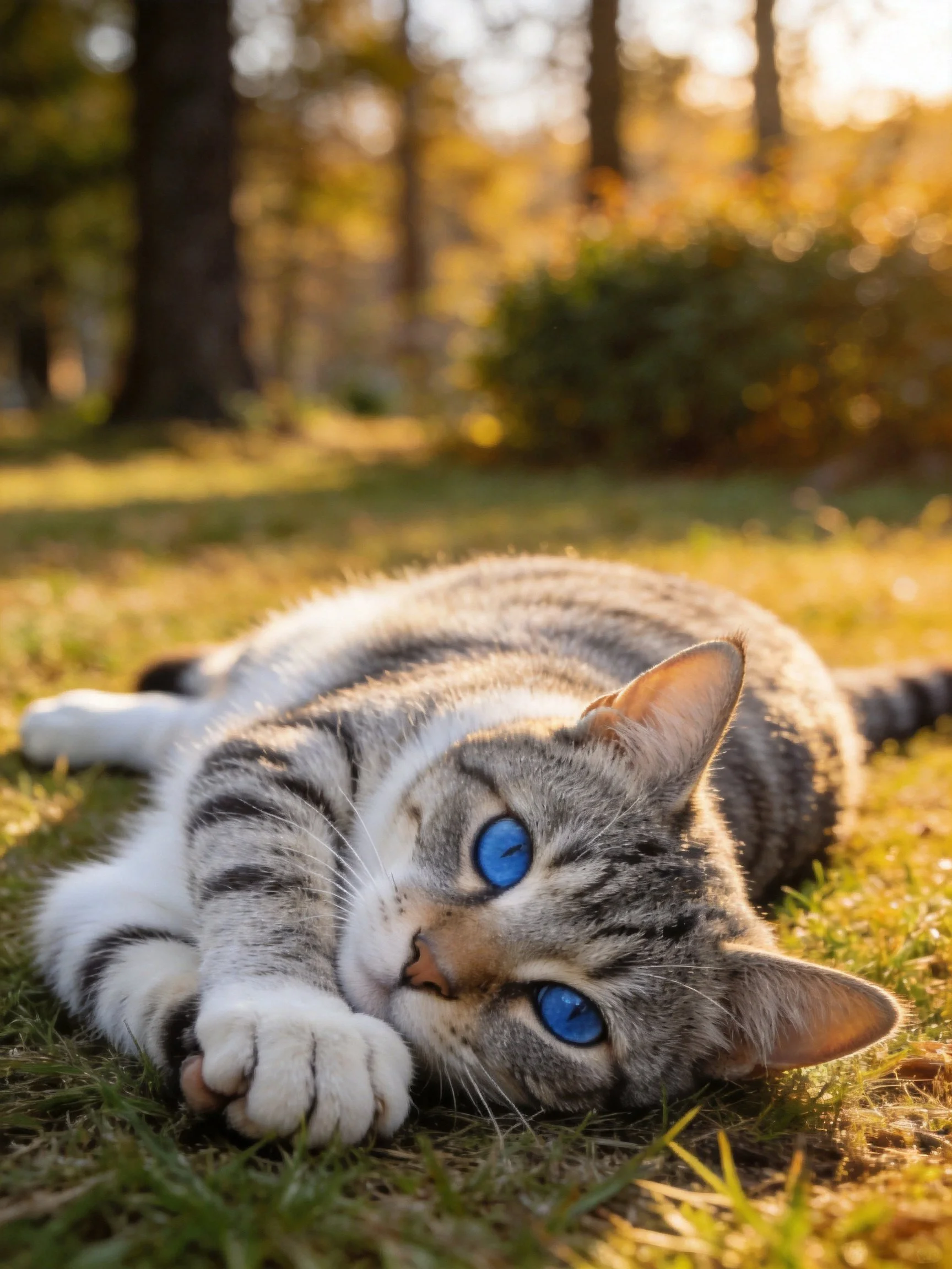 A tabby cat with bright blue eyes rests on sunlit grass