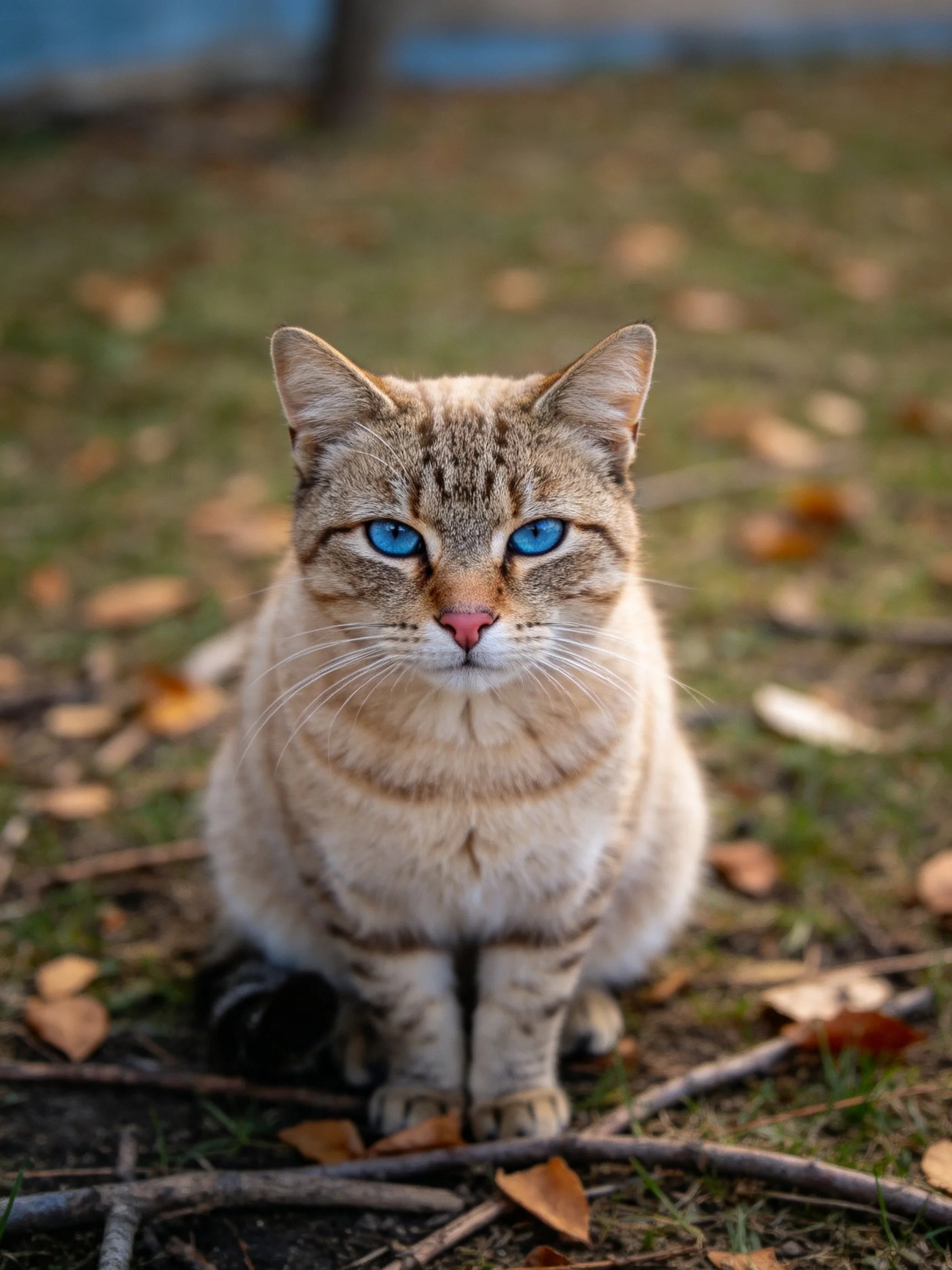 Tabby cat with blue eyes sits among leaves in an outdoor area