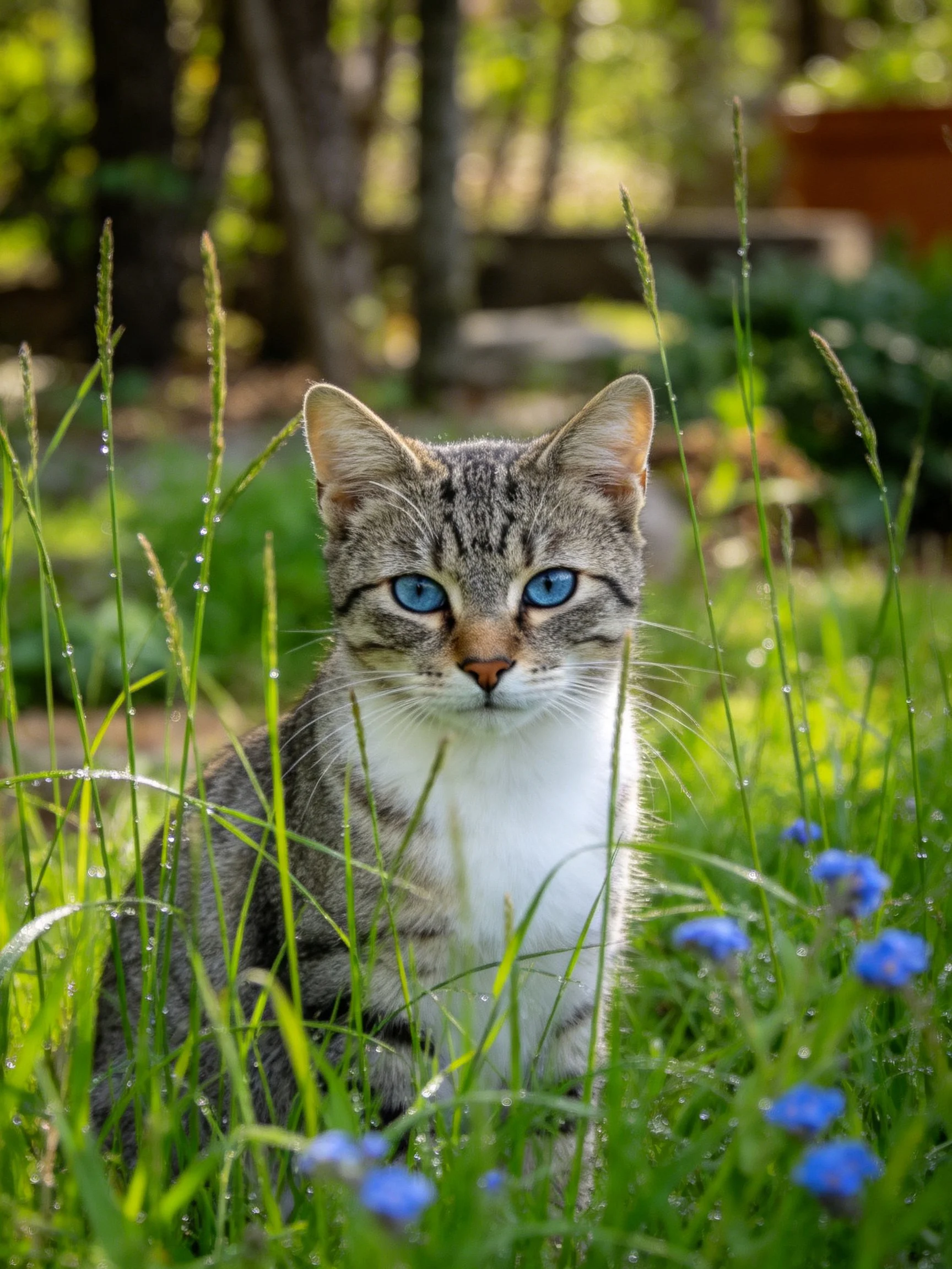 A tabby cat with bright blue eyes is nestled among tall green grass and small blue flowers