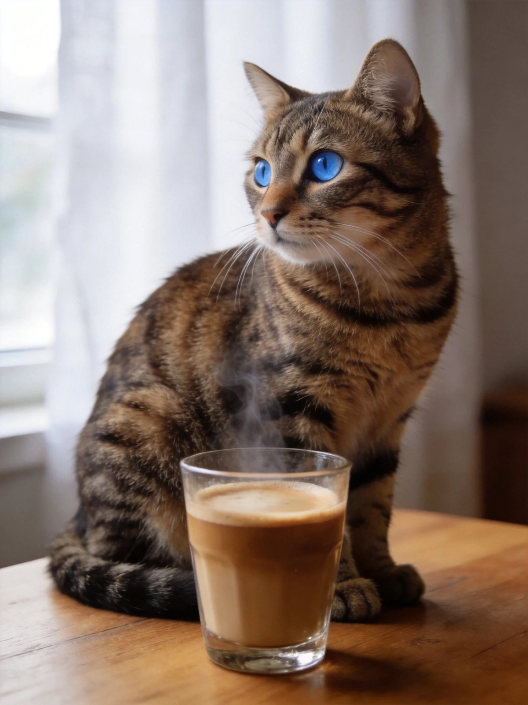 A tabby cat with bright blue eyes sits beside a steaming coffee glass