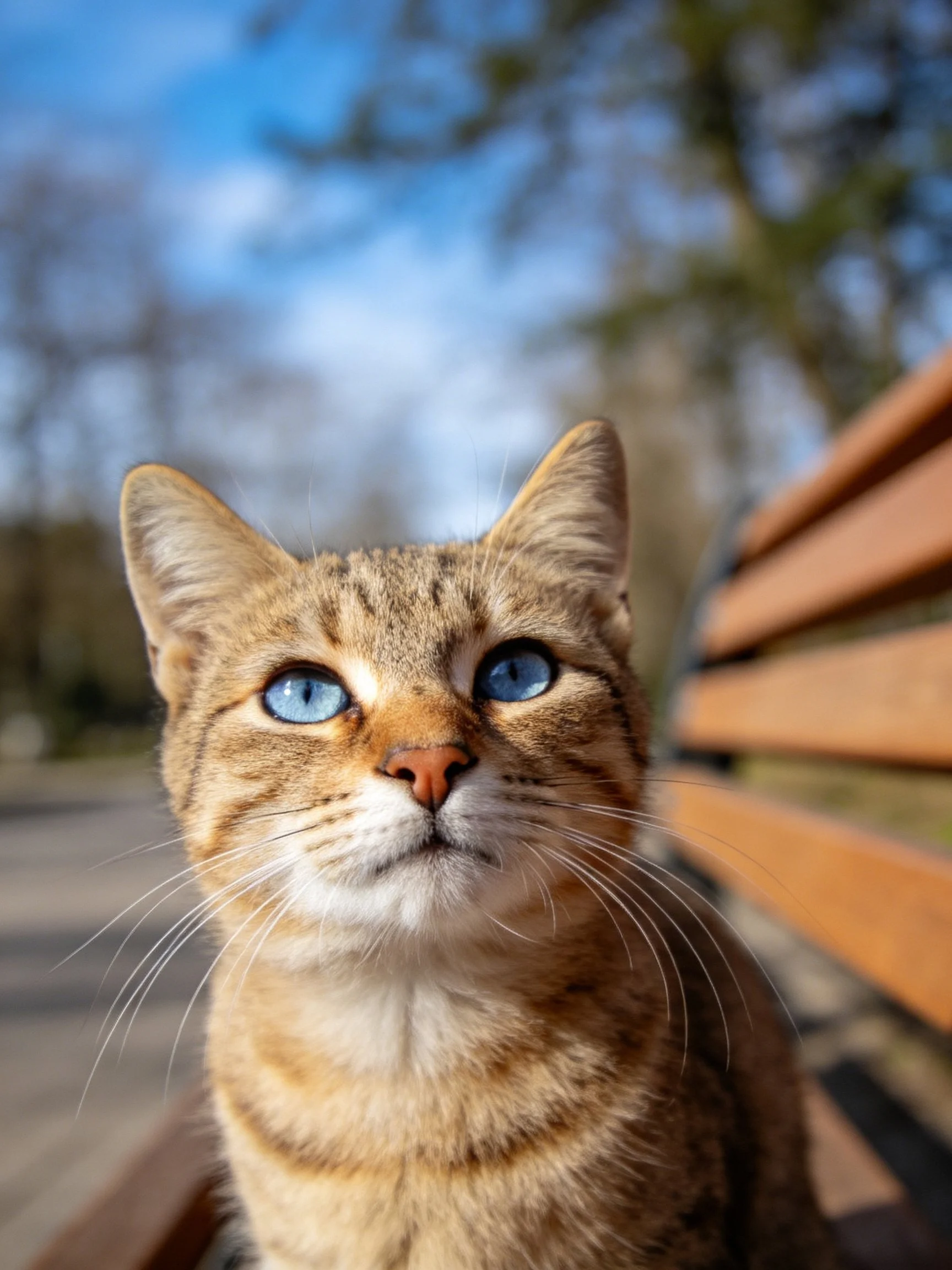 A tabby cat with striking blue eyes rests beside a wooden bench in an outdoor environment.
