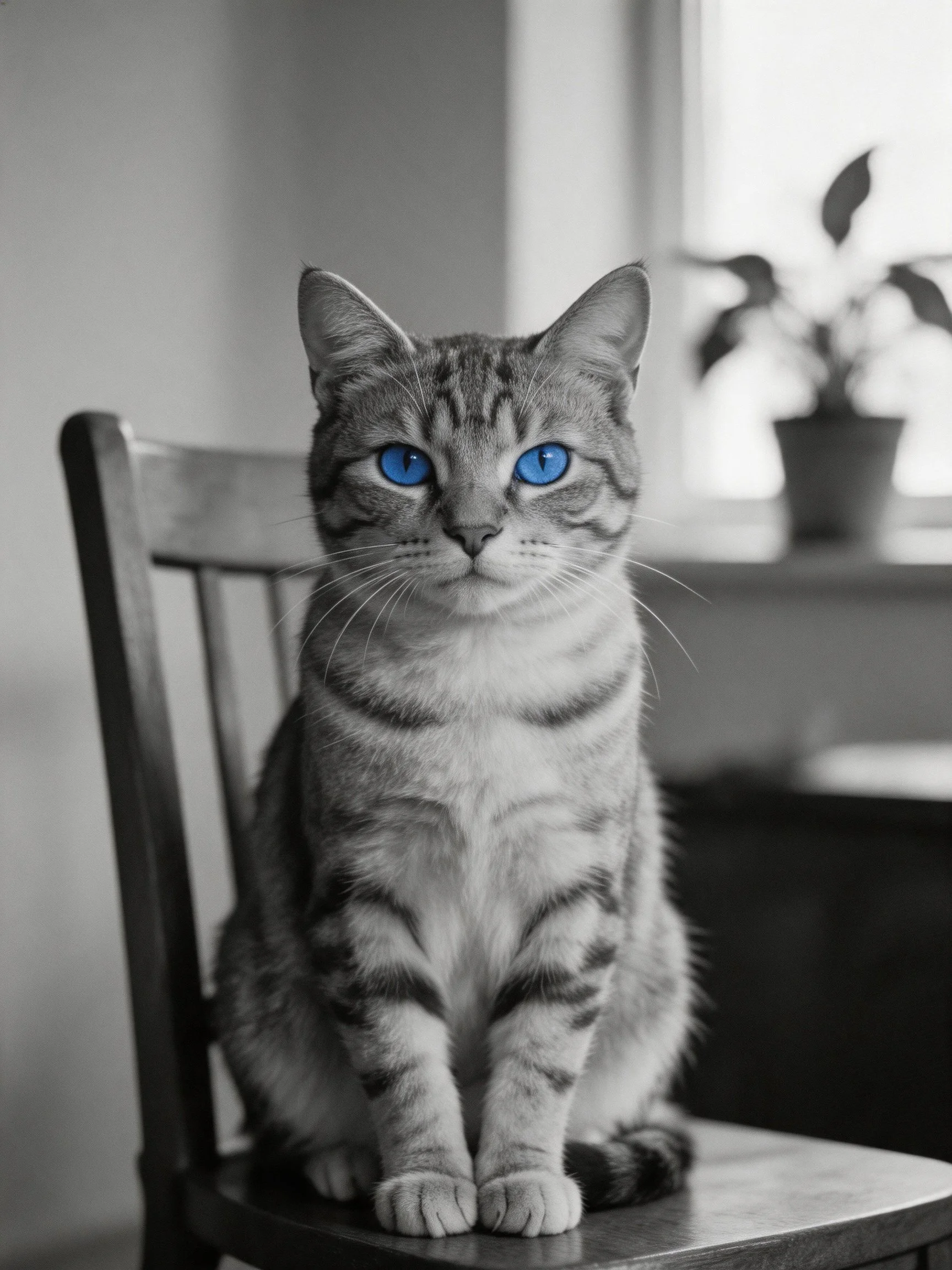 A tabby cat with vivid blue eyes sits on a wooden chair in a softly lit room.