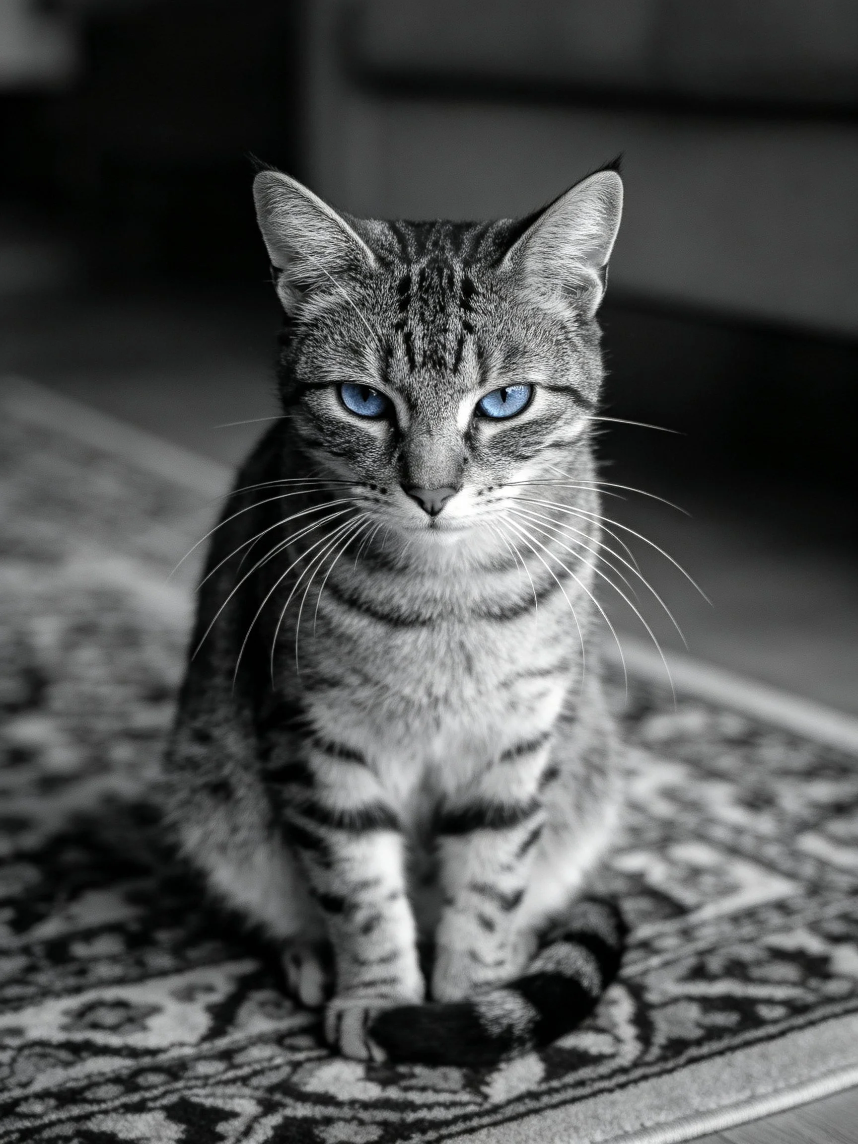 A tabby cat with blue eyes sits on a decorative rug