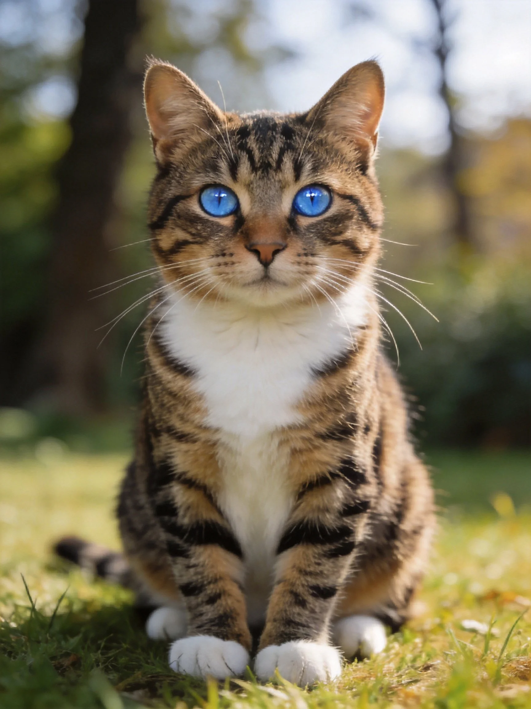 A tabby cat with vivid blue eyes rests on grass in a sunlit outdoor area.