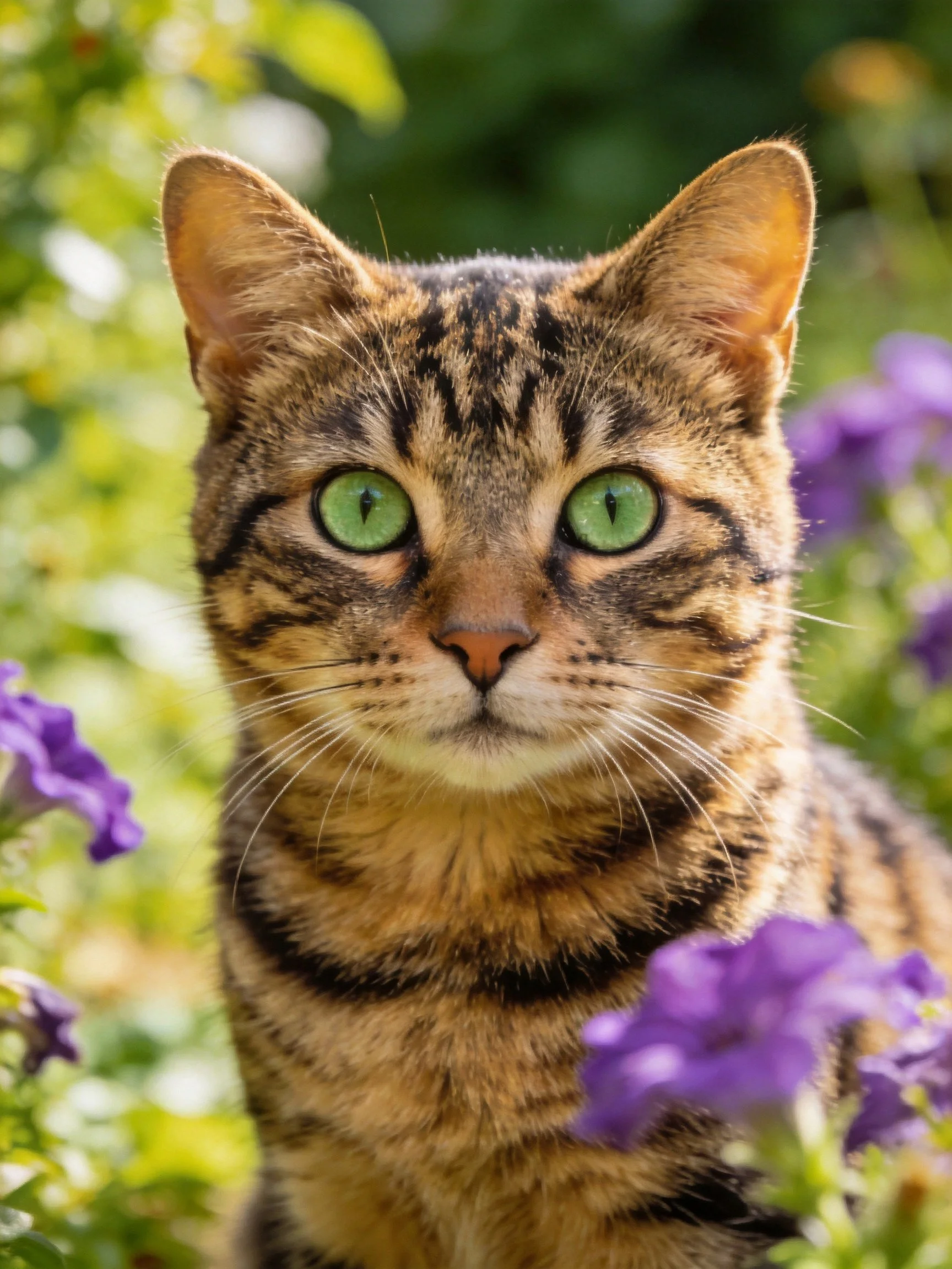 A tabby cat with green eyes is surrounded by purple flowers and greenery.