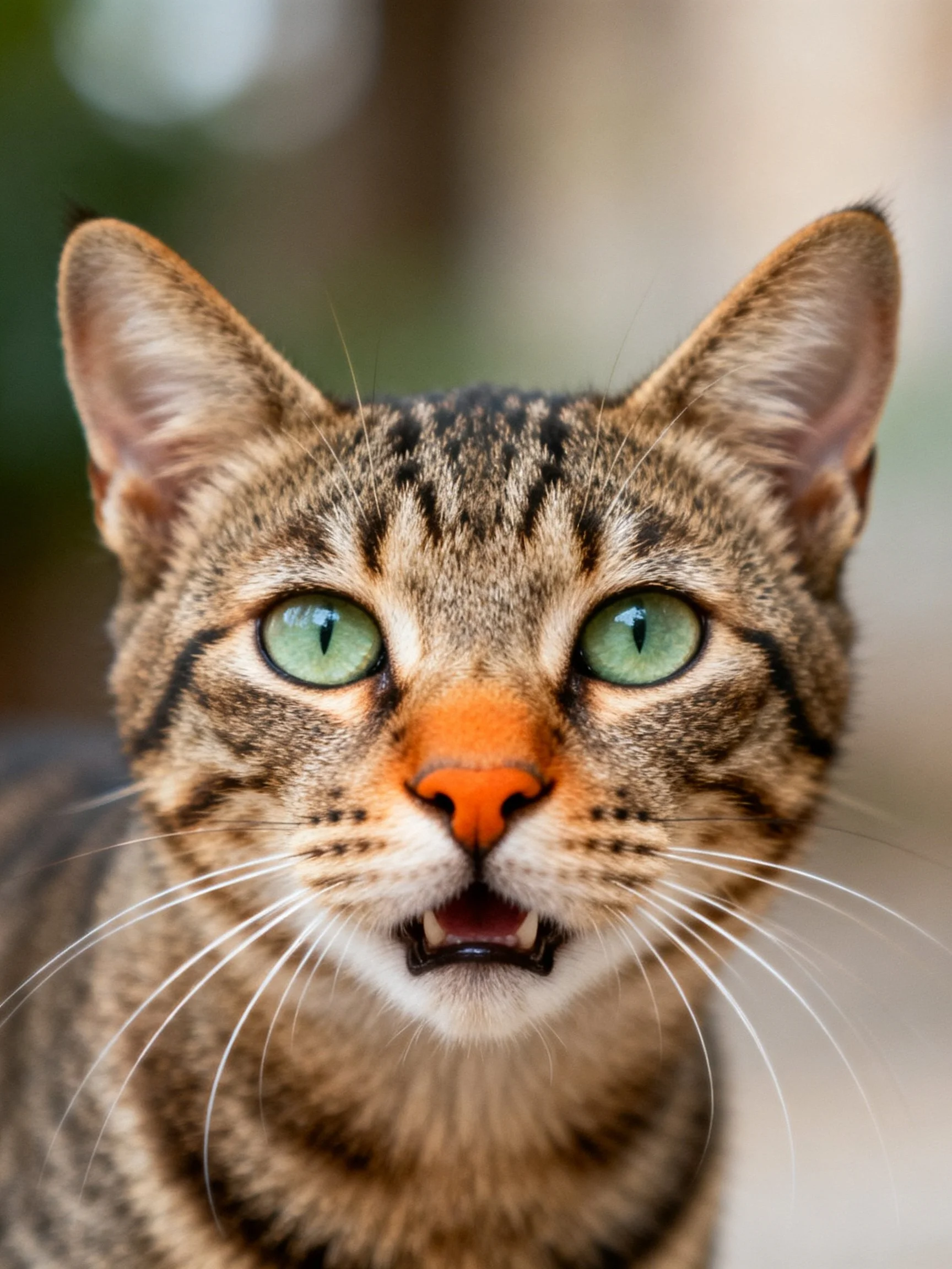 A close - up of a tabby cat with vivid green eyes