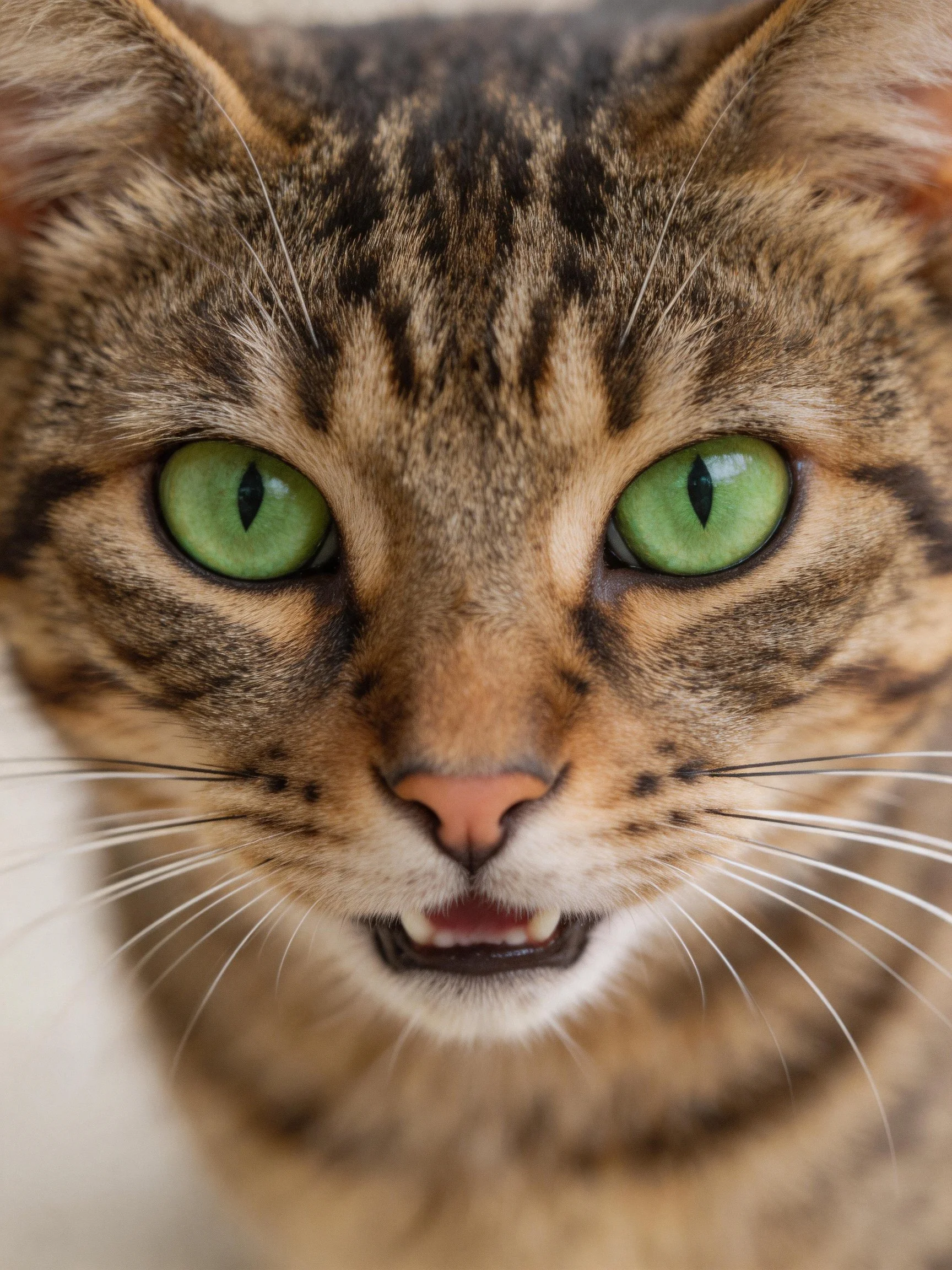 A tabby cat with bright green eyes is shown in a close - up photograph.