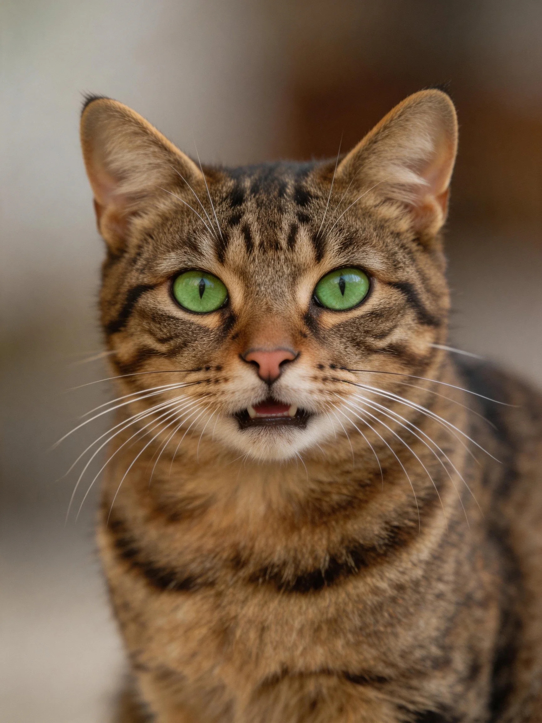 A close - up of a tabby cat with striking green eyes.