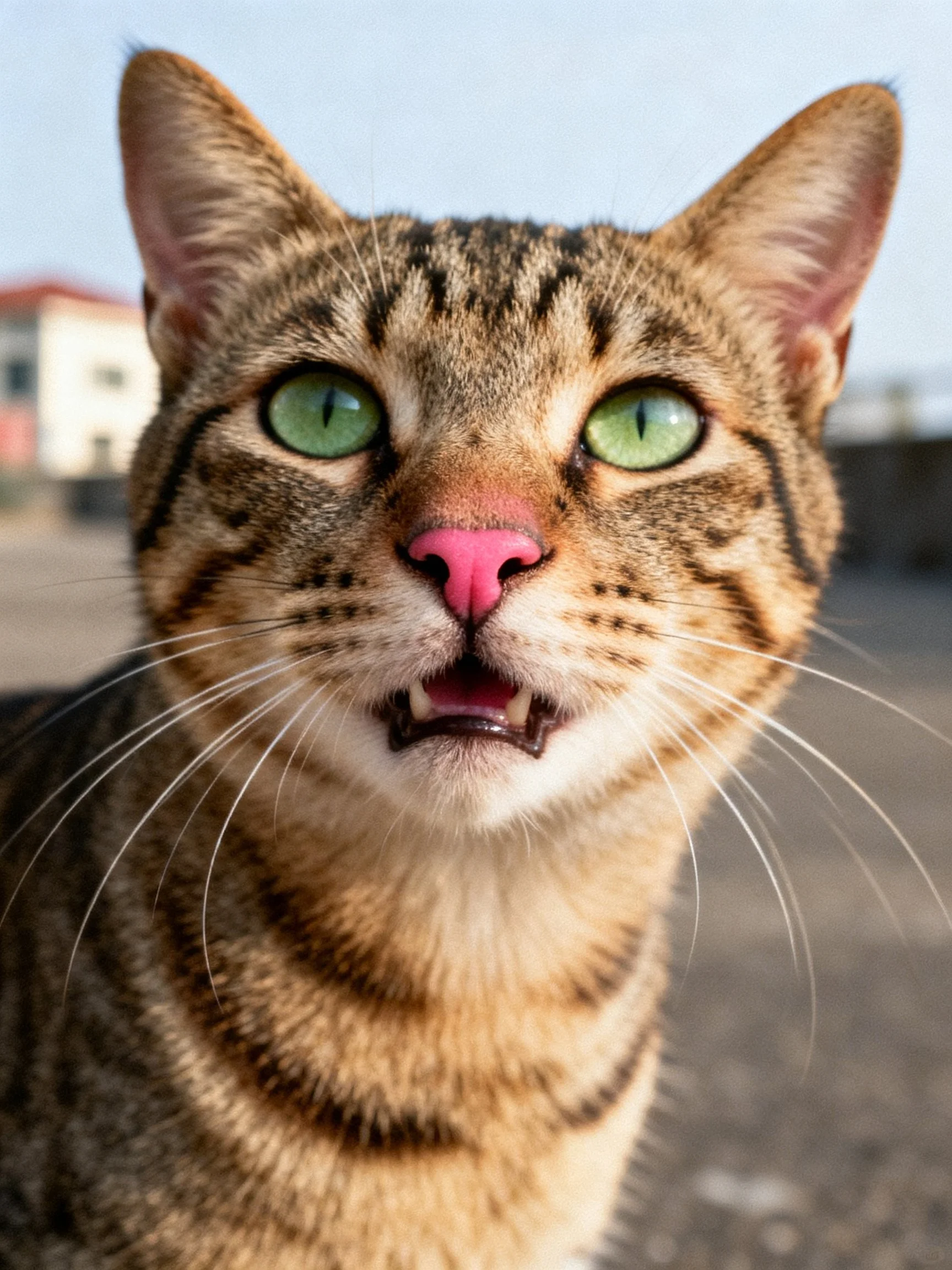 A tabby cat with green eyes and pink nose is photographed up close.