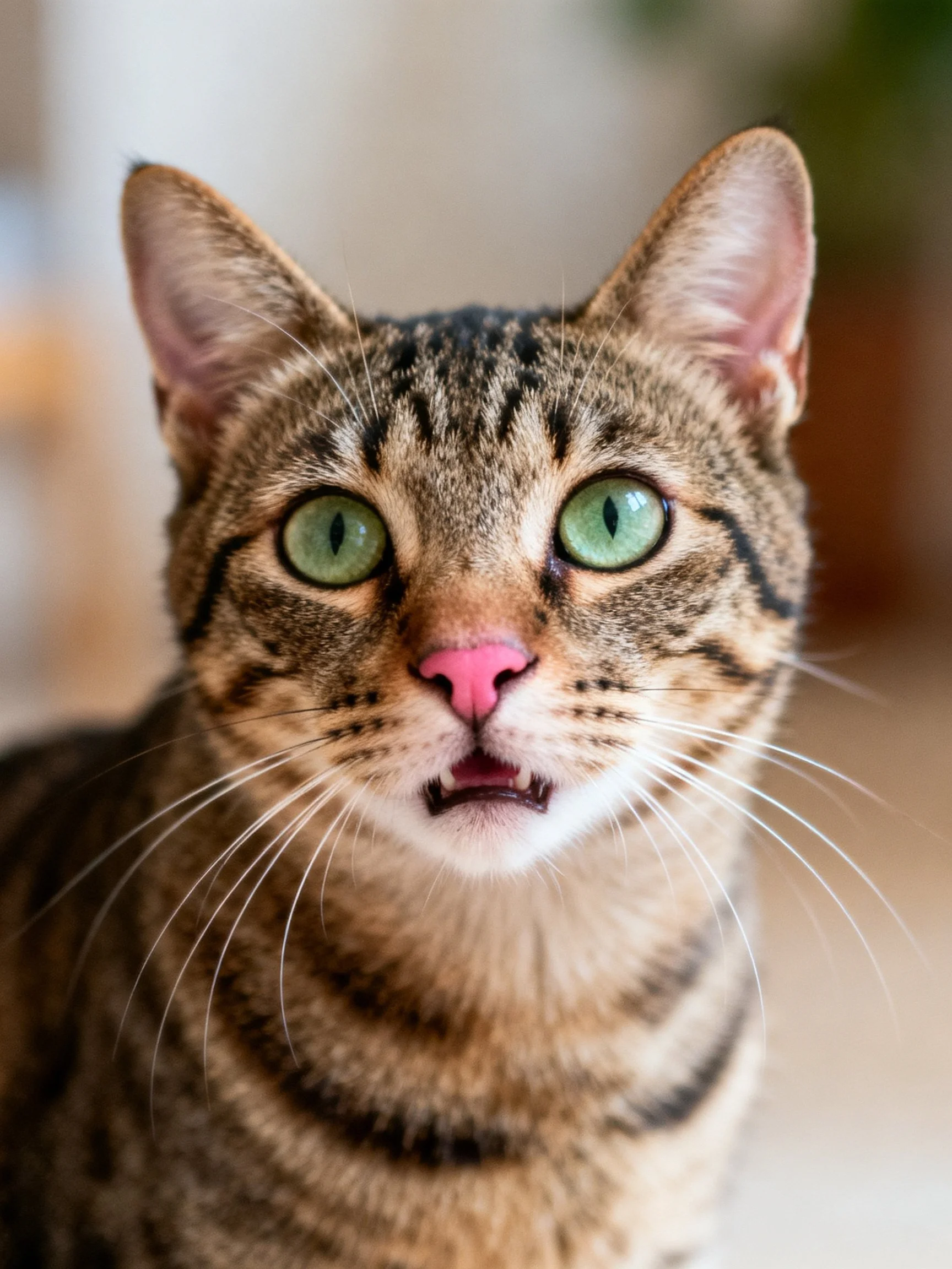 A close - up of a tabby cat with striking green eyes and an unusual pink nose.