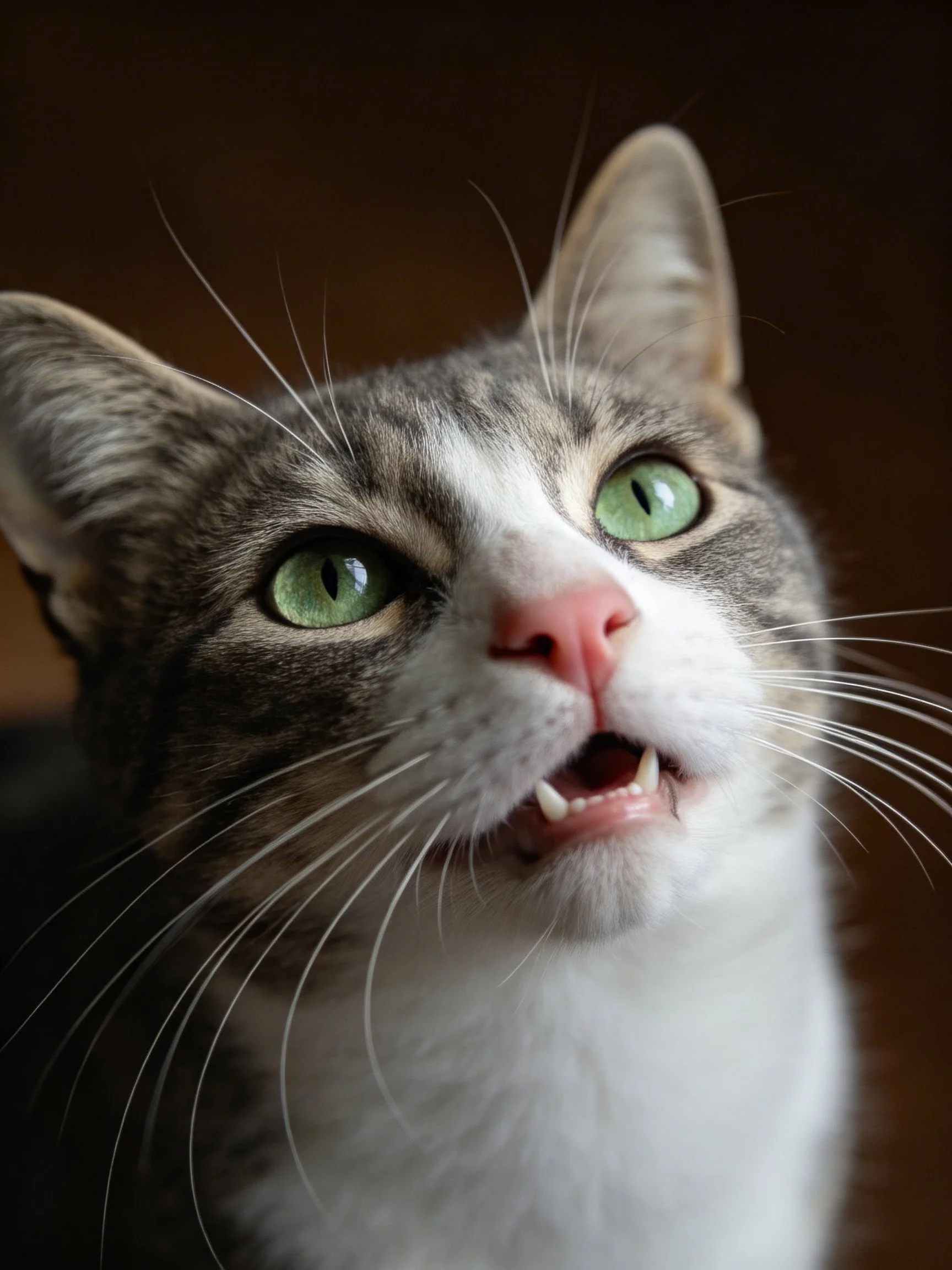 A close - up of a tabby cat with bright green eyes.