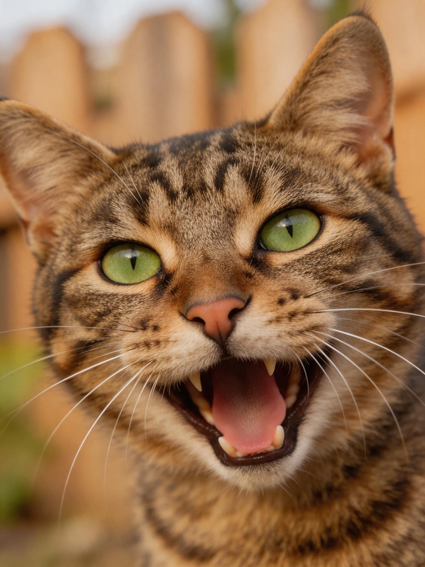 A tabby cat with green eyes shows an open-mouthed expression.