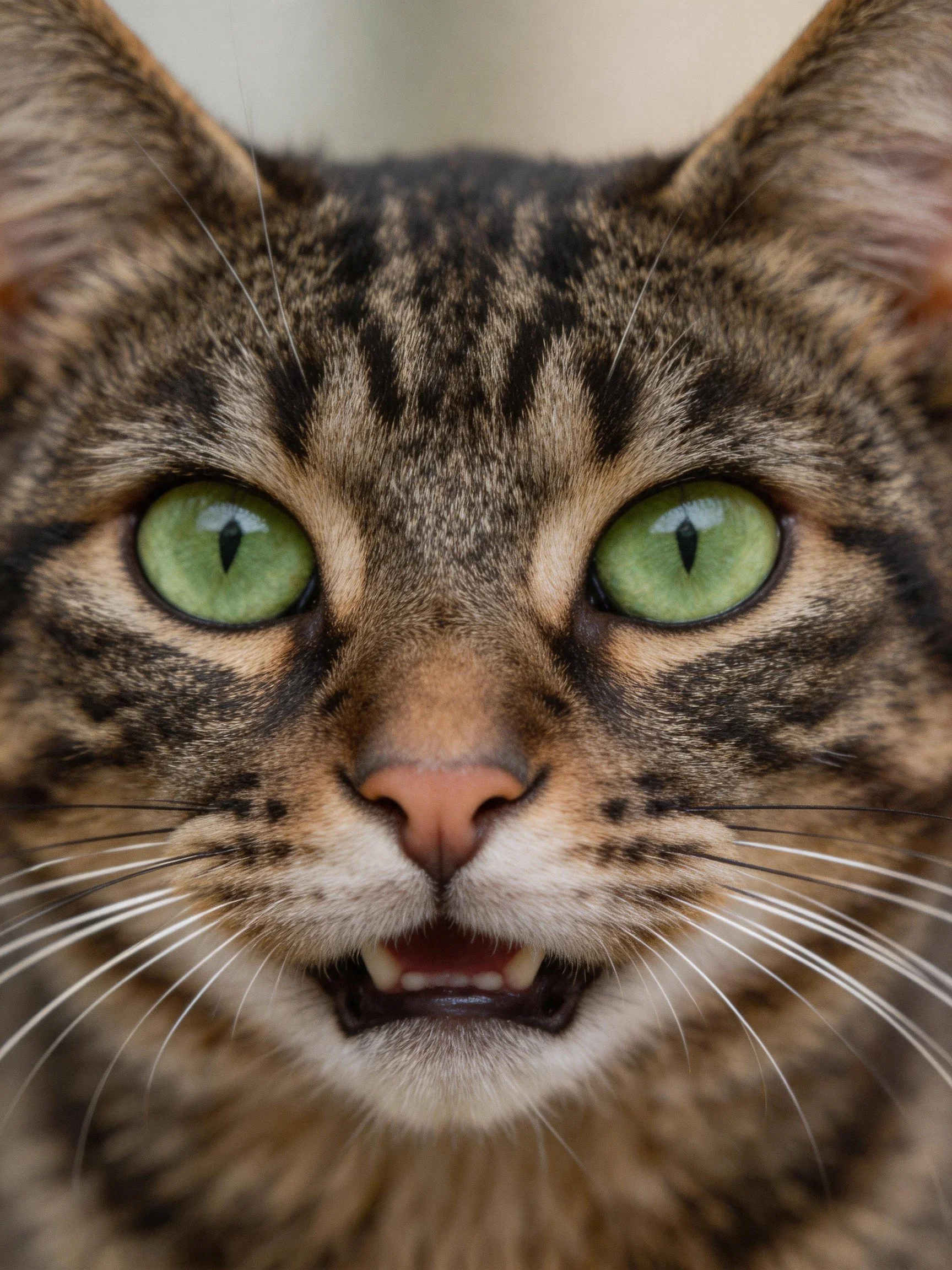 A close-up photograph of a tabby cat with bright green eyes.