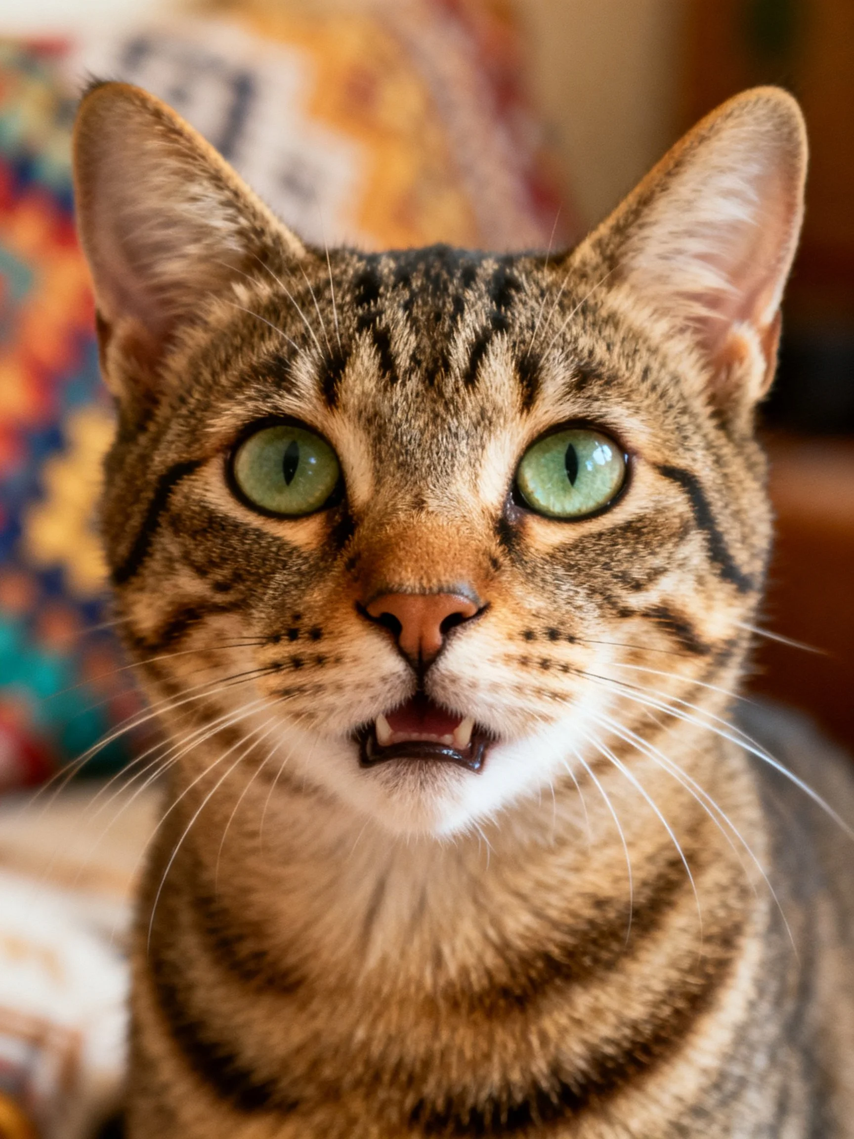 A close - up of a tabby cat with bright green eyes against a blurred background.