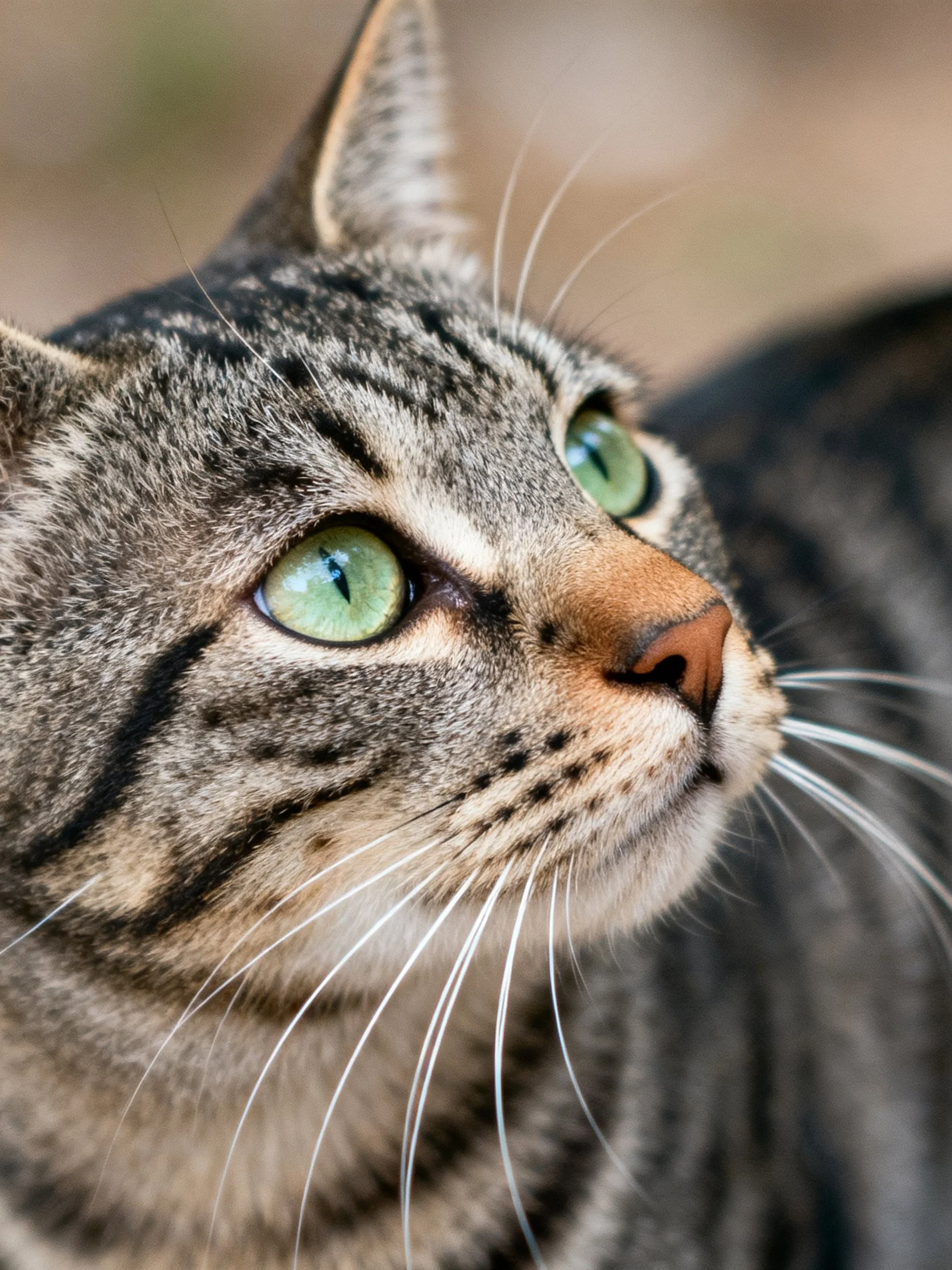 A tabby cat with bright green eyes is shown in a close - up while looking upward.