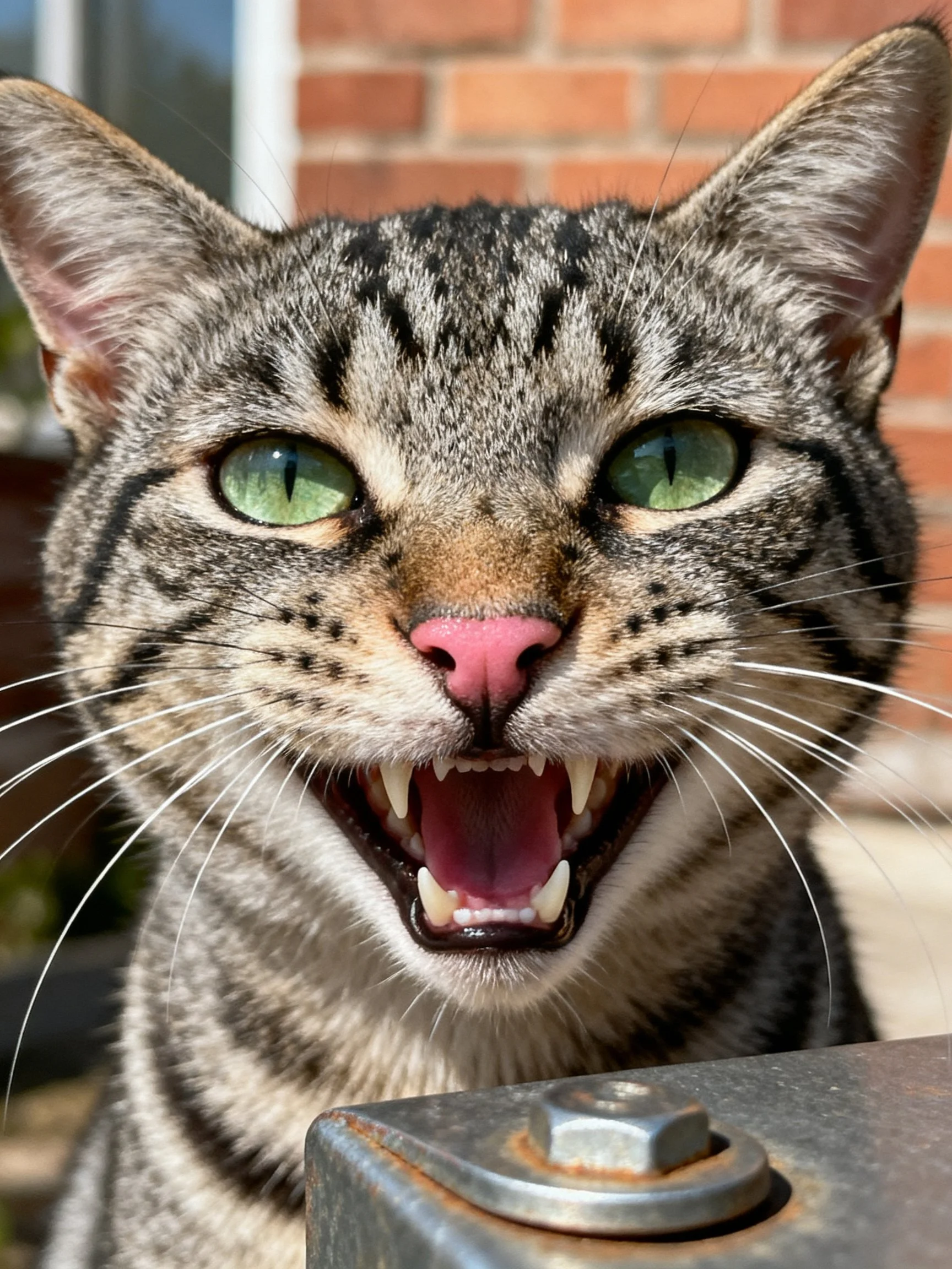 A tabby cat with green eyes opens its mouth wide near a brick wall.