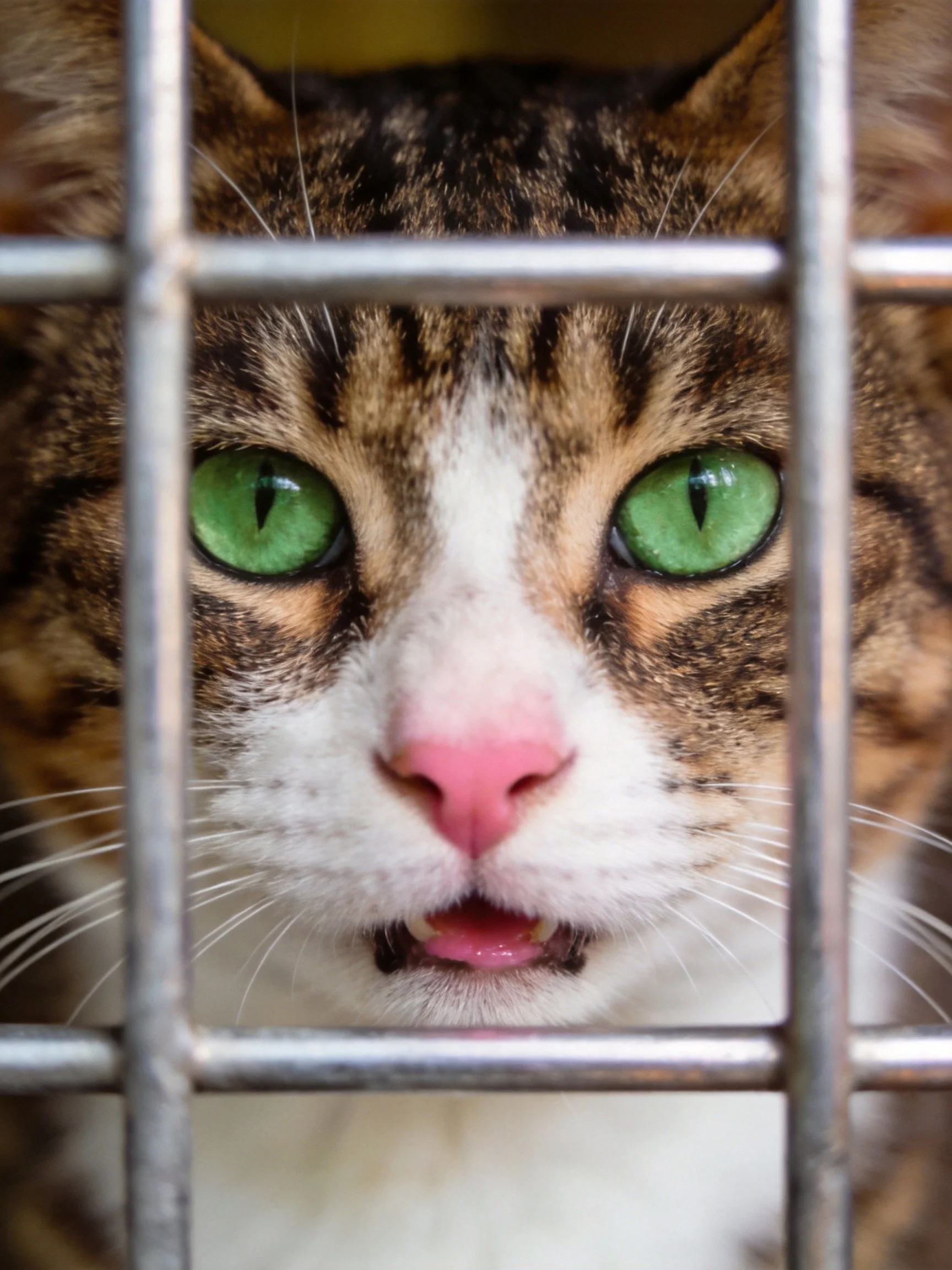A tabby cat with green eyes looks out from behind metal bars.