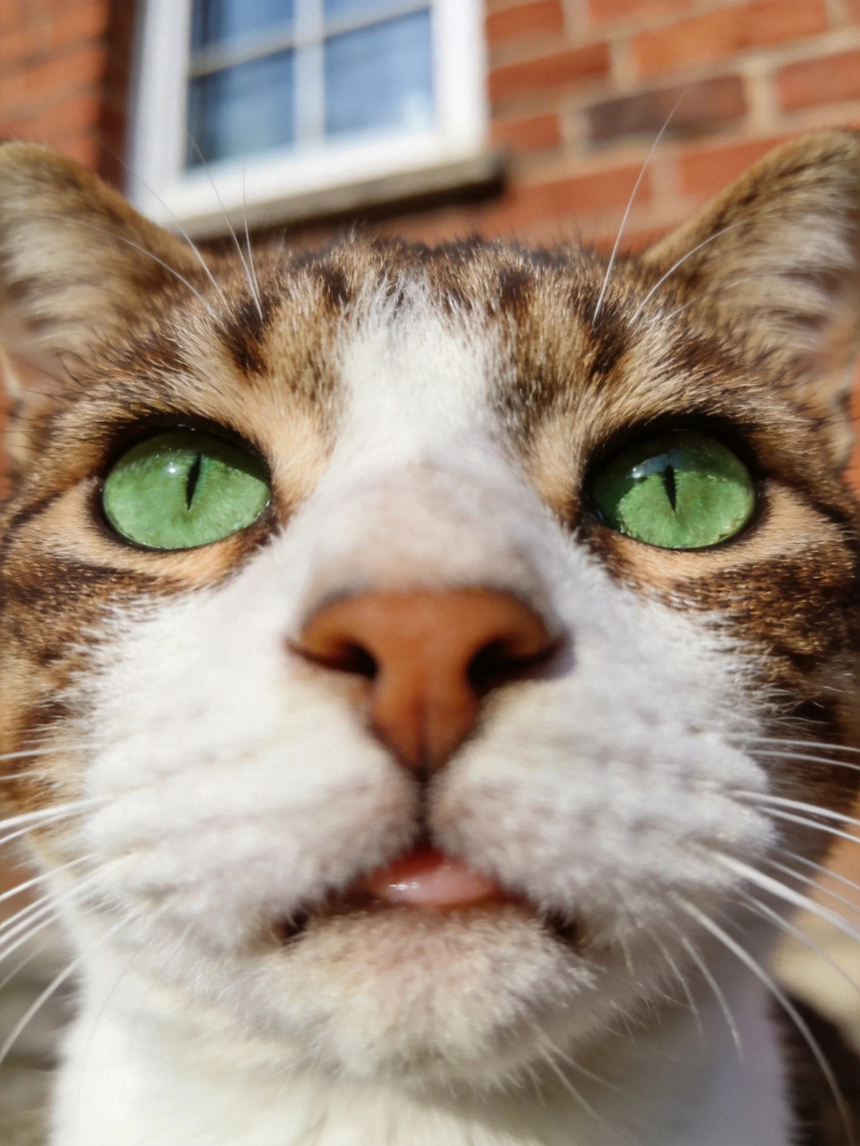 A tabby cat with bright green eyes is shown up close near a brick wall.