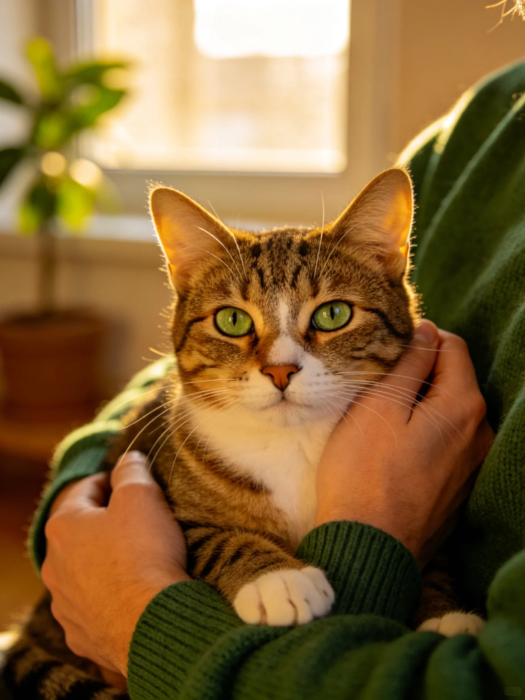 A tabby cat with green eyes is gently held in a sunlit indoor area.