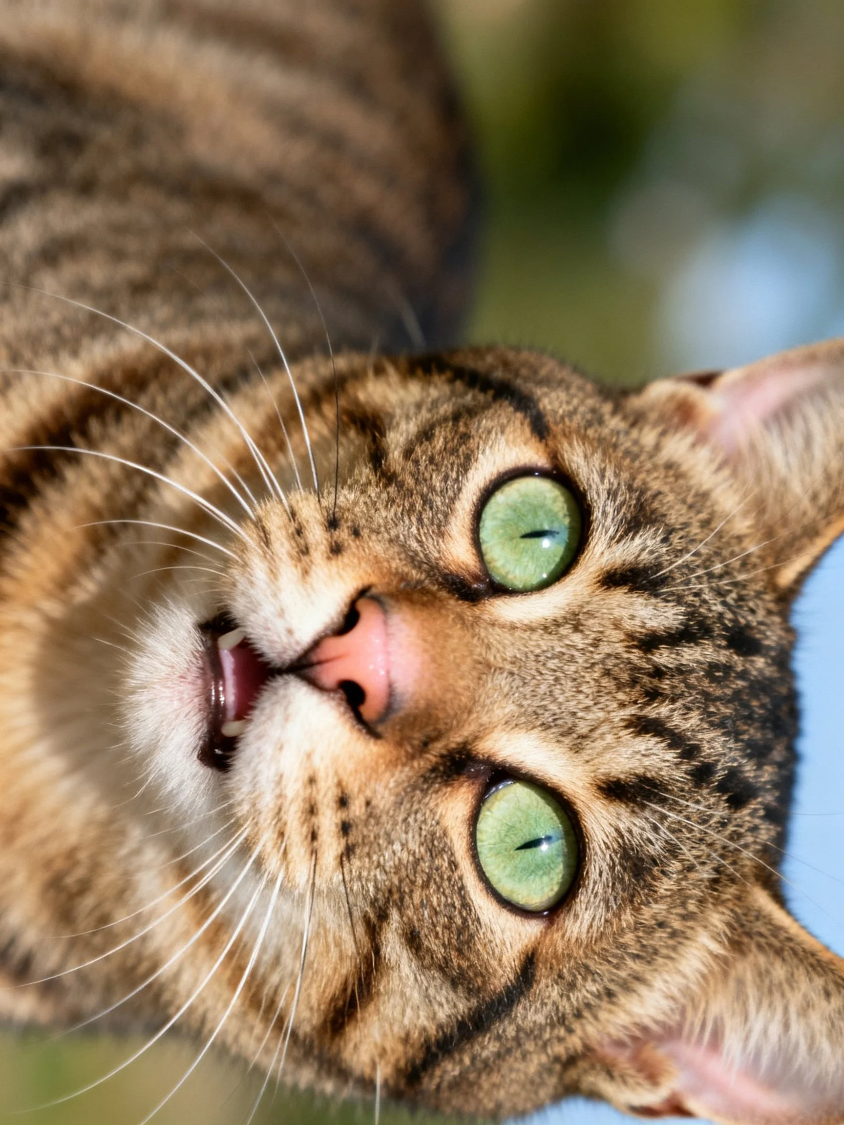 A tabby cat with bright green eyes is shown in a close - up while looking upward.