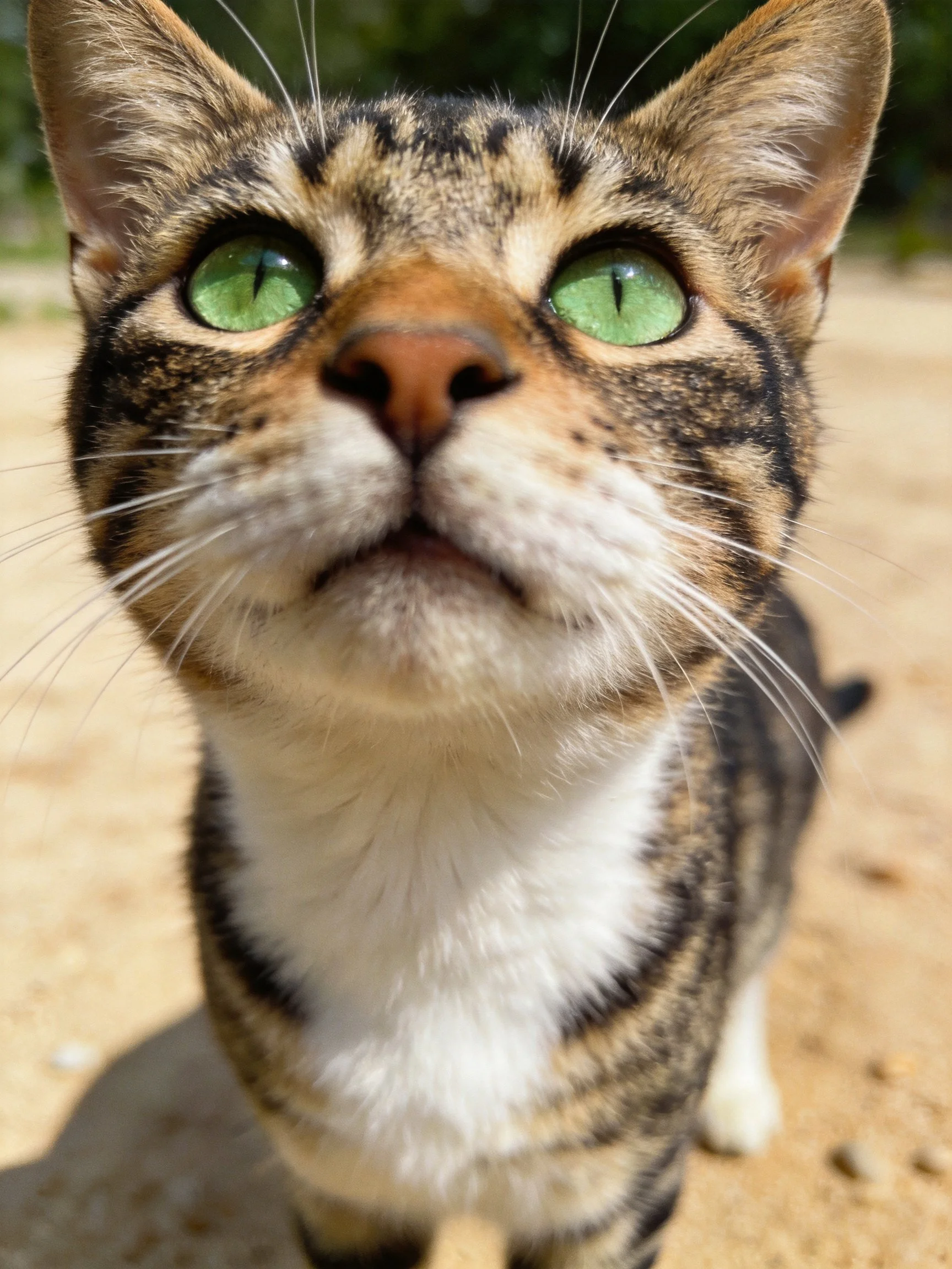 A tabby cat with bright green eyes looks upward in a sunny outdoor area.